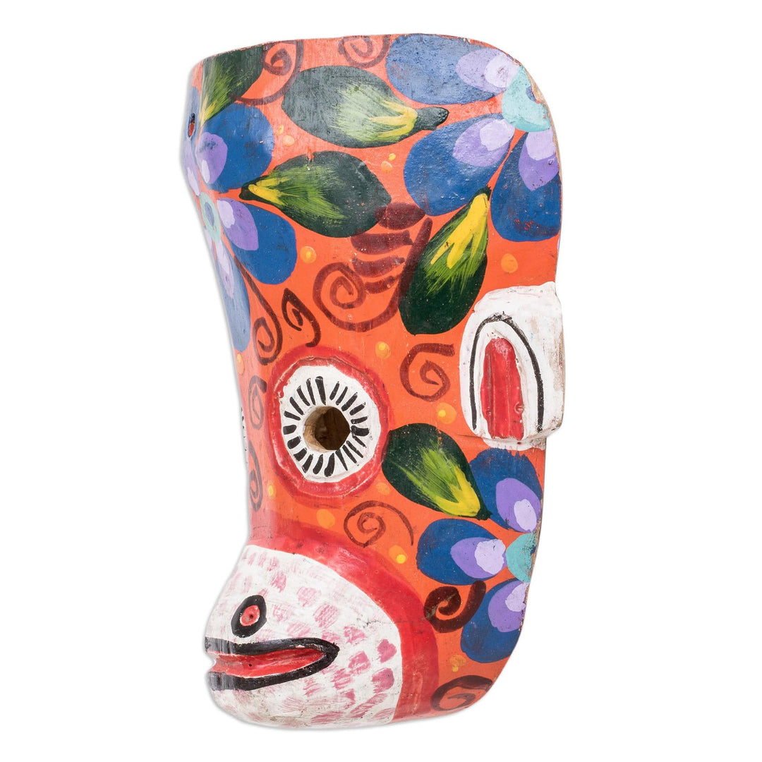 Hand-Painted Floral Monkey Pinewood Mask in Orange - Monkey's Celebration