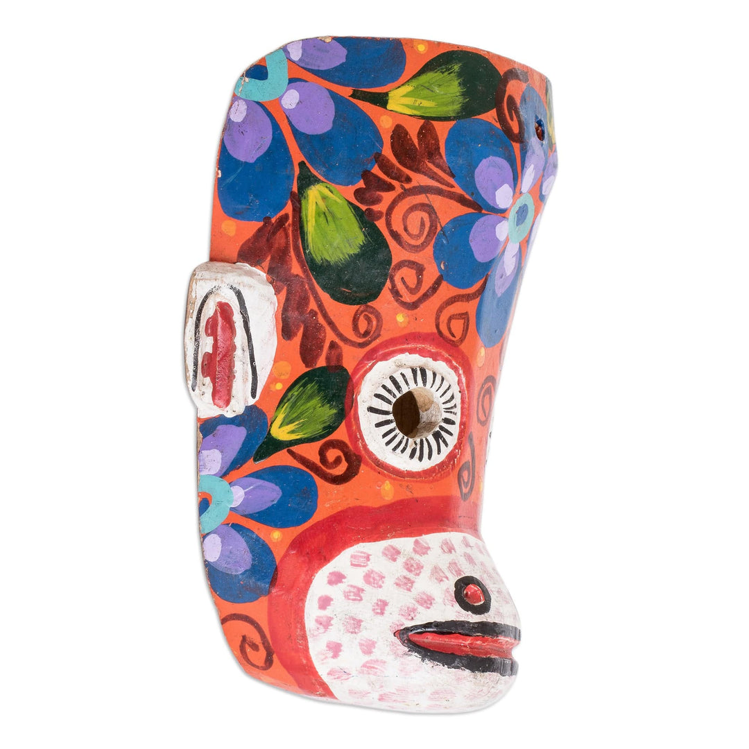Hand-Painted Floral Monkey Pinewood Mask in Orange - Monkey's Celebration