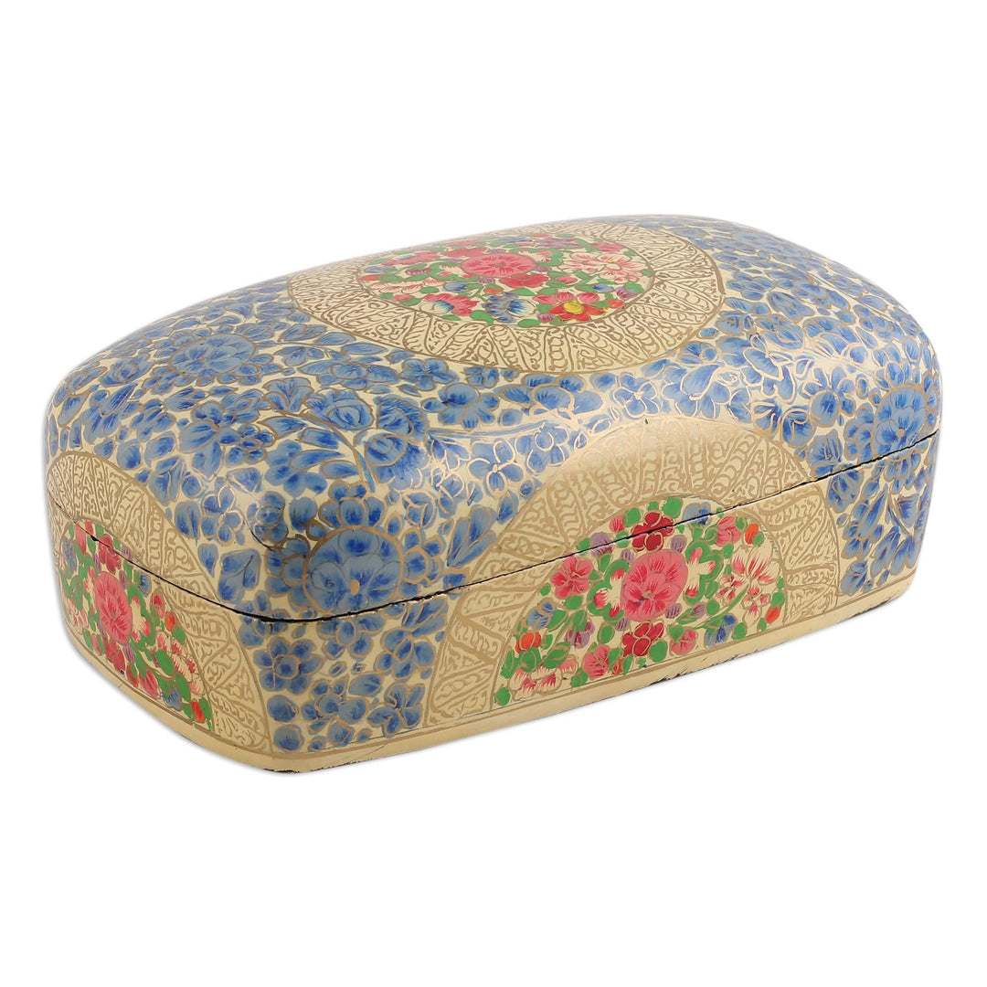 Hand-Painted Floral-Themed Wood Papier Mache Decorative Box - Blue Kashmir