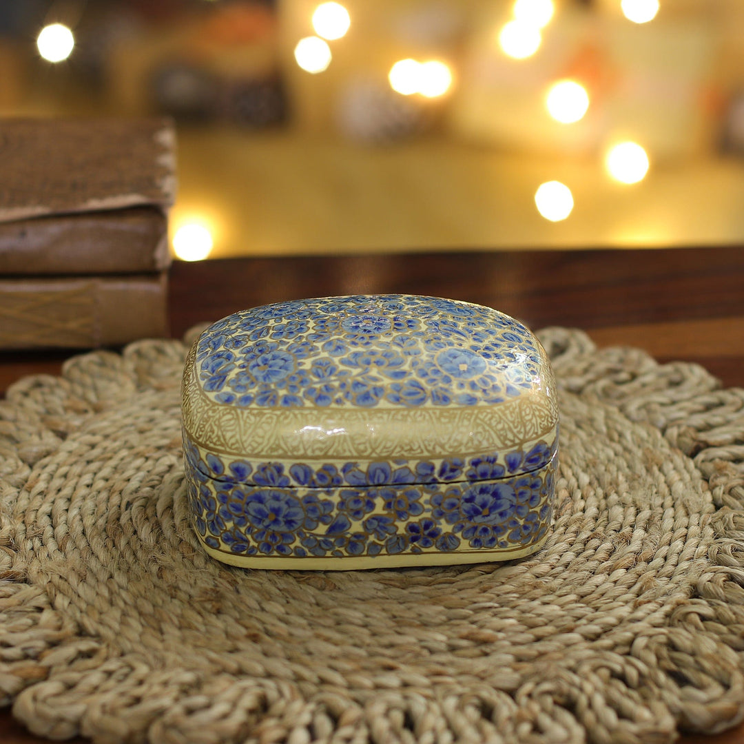 Hand-Painted Blue Wood Papier Mache Floral Decorative Box - Blue Garden