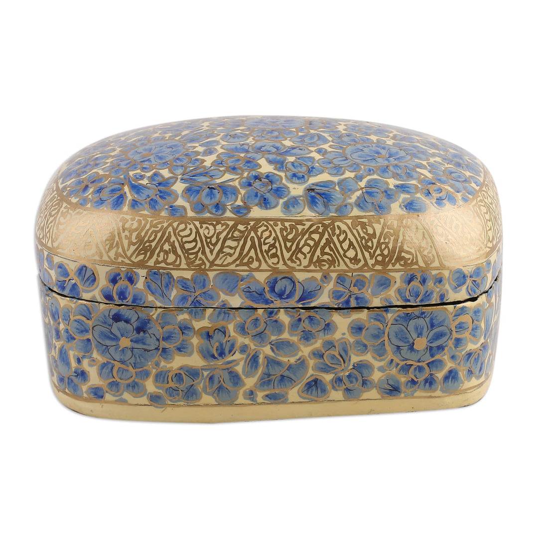 Hand-Painted Blue Wood Papier Mache Floral Decorative Box - Blue Garden