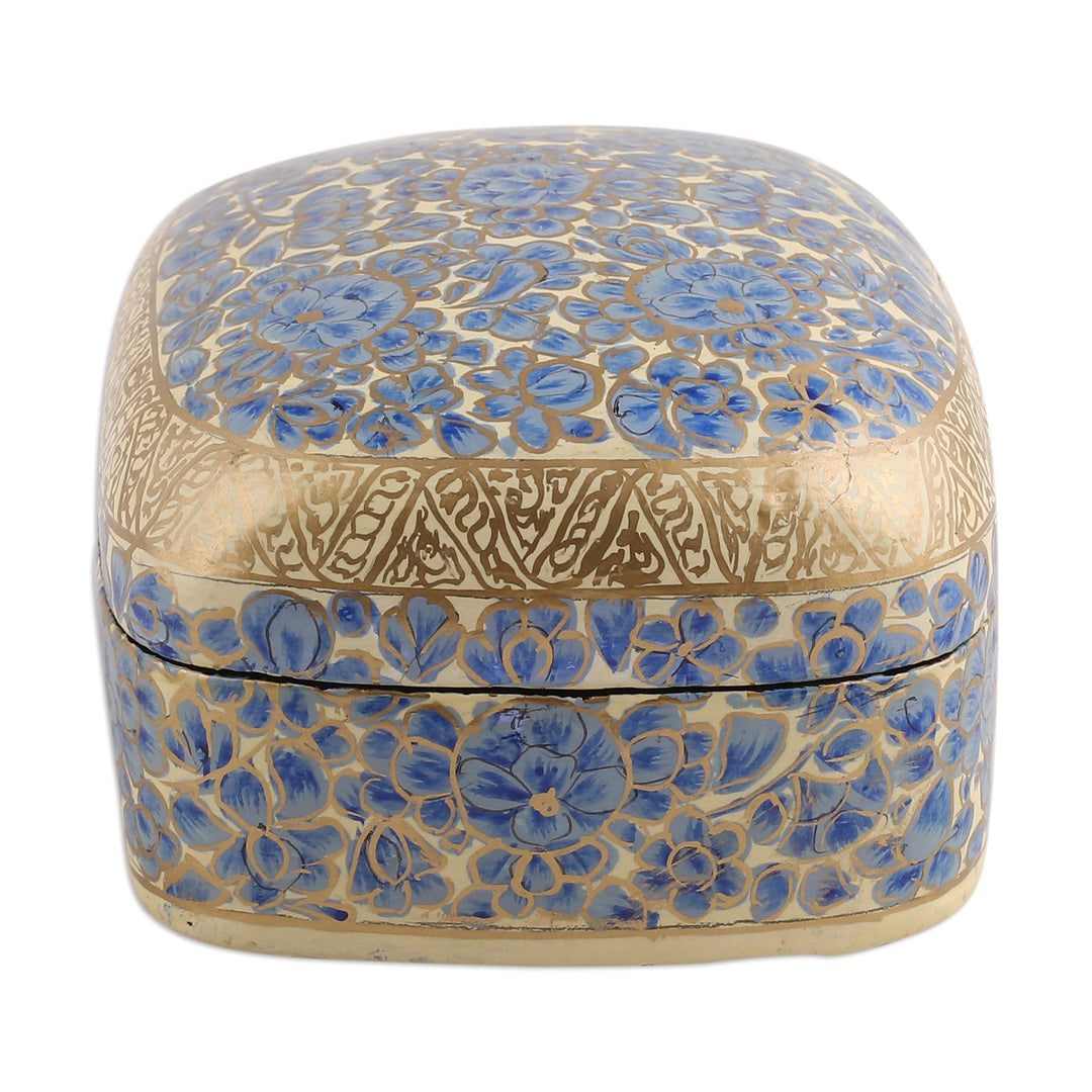 Hand-Painted Blue Wood Papier Mache Floral Decorative Box - Blue Garden