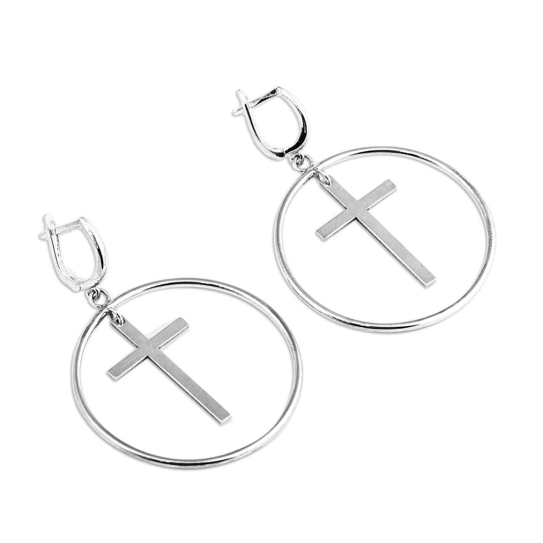 Modern Cross-Themed Round Sterling Silver Dangle Earrings - Eternal Faith