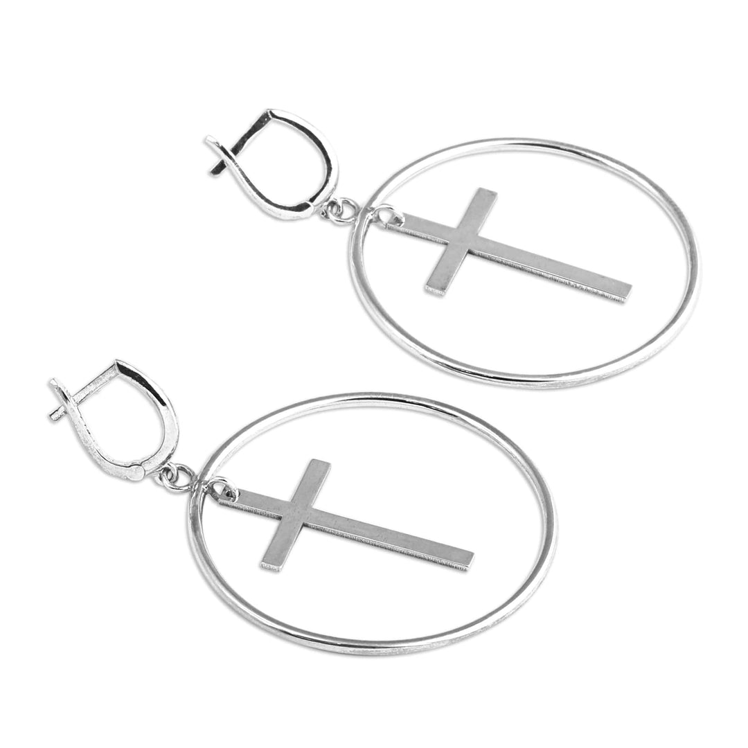 Modern Cross-Themed Round Sterling Silver Dangle Earrings - Eternal Faith