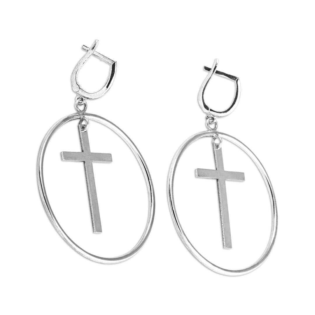 Modern Cross-Themed Round Sterling Silver Dangle Earrings - Eternal Faith