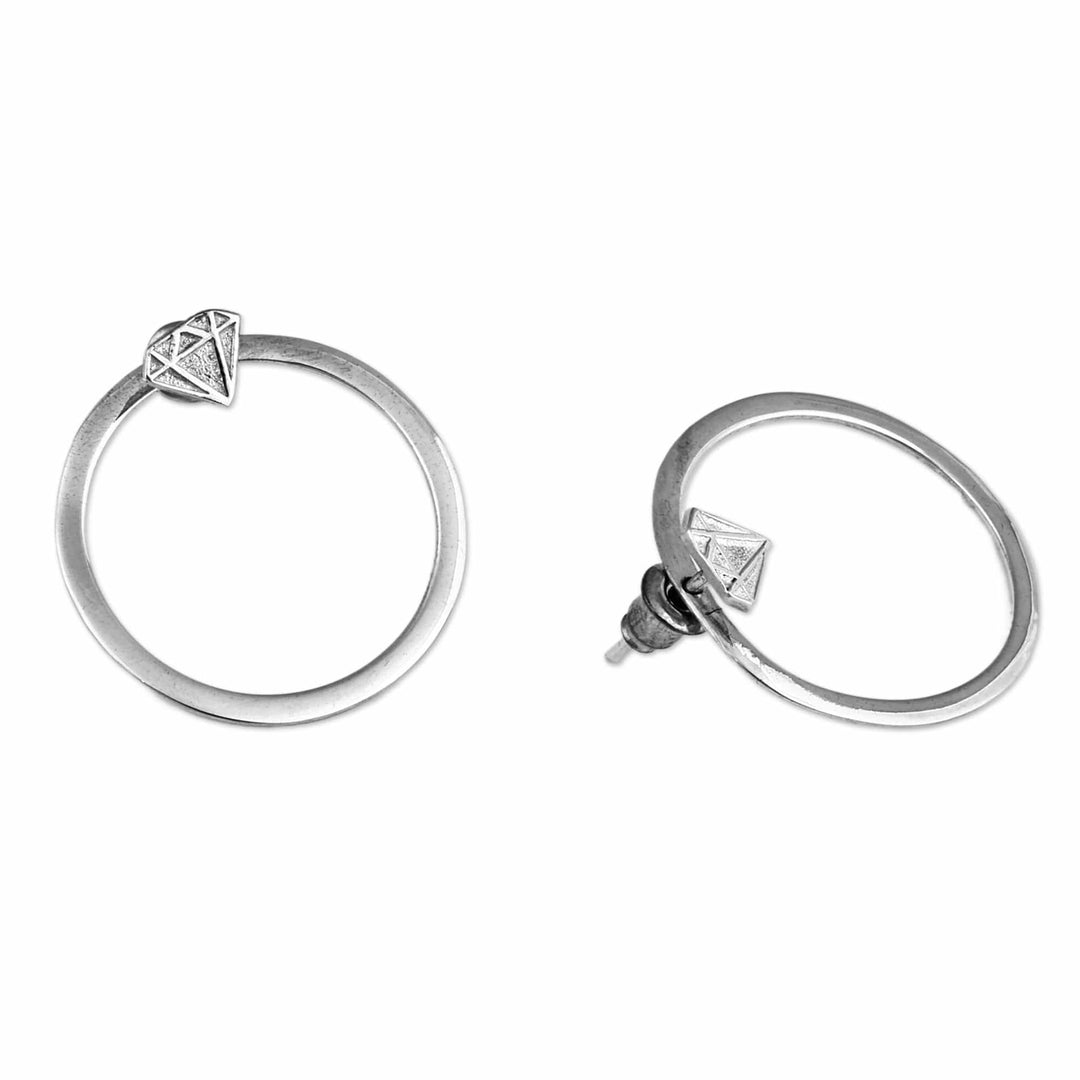 Round Sterling Silver Drop Earrings with Diamond Motifs - Dame Nimbus