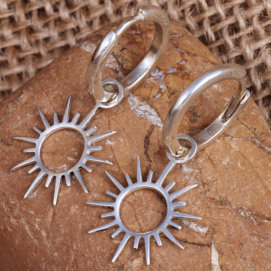 Sun-Themed Sterling Silver Hoop Dangle Earrings from Armenia - Summer Shine