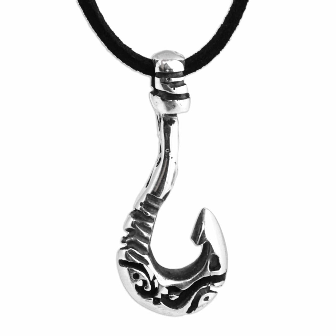 Men's Sterling Silver and Faux Leather Hook Pendant Necklace - Ancient Hook