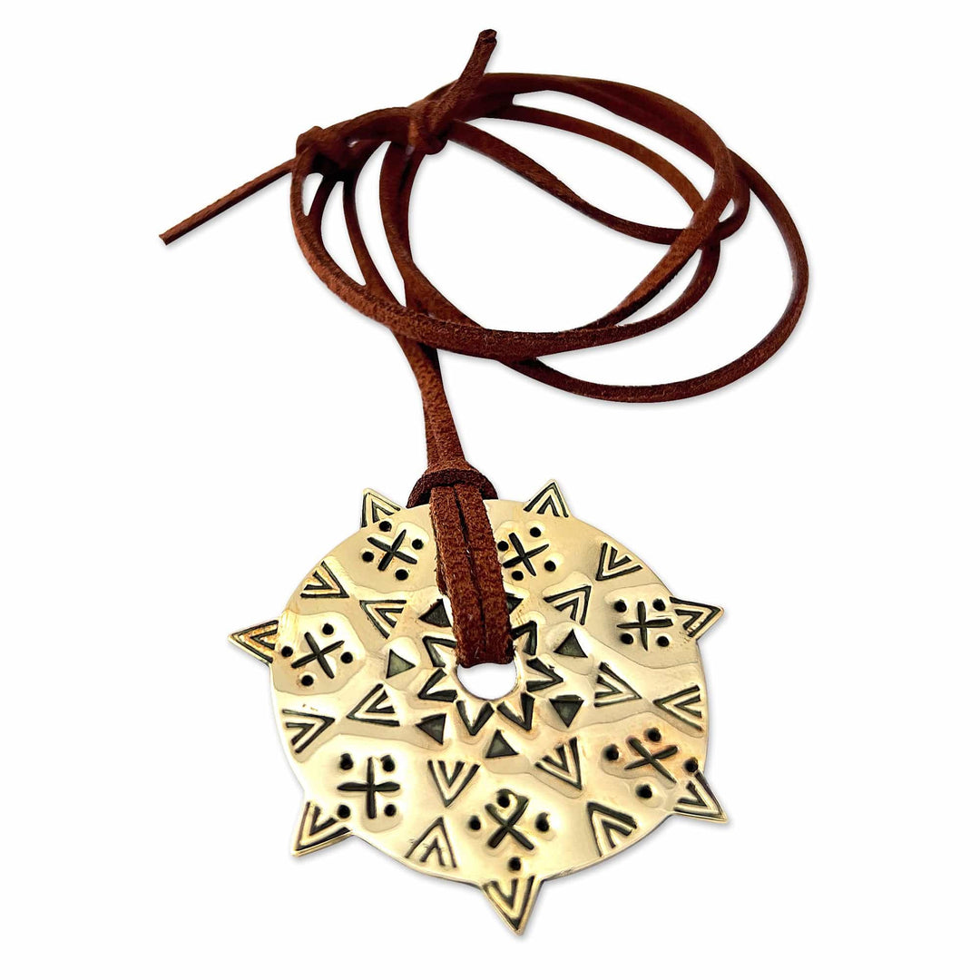 Sun-Themed Faux Leather Cord and Brass Pendant Necklace - Solar Armenia
