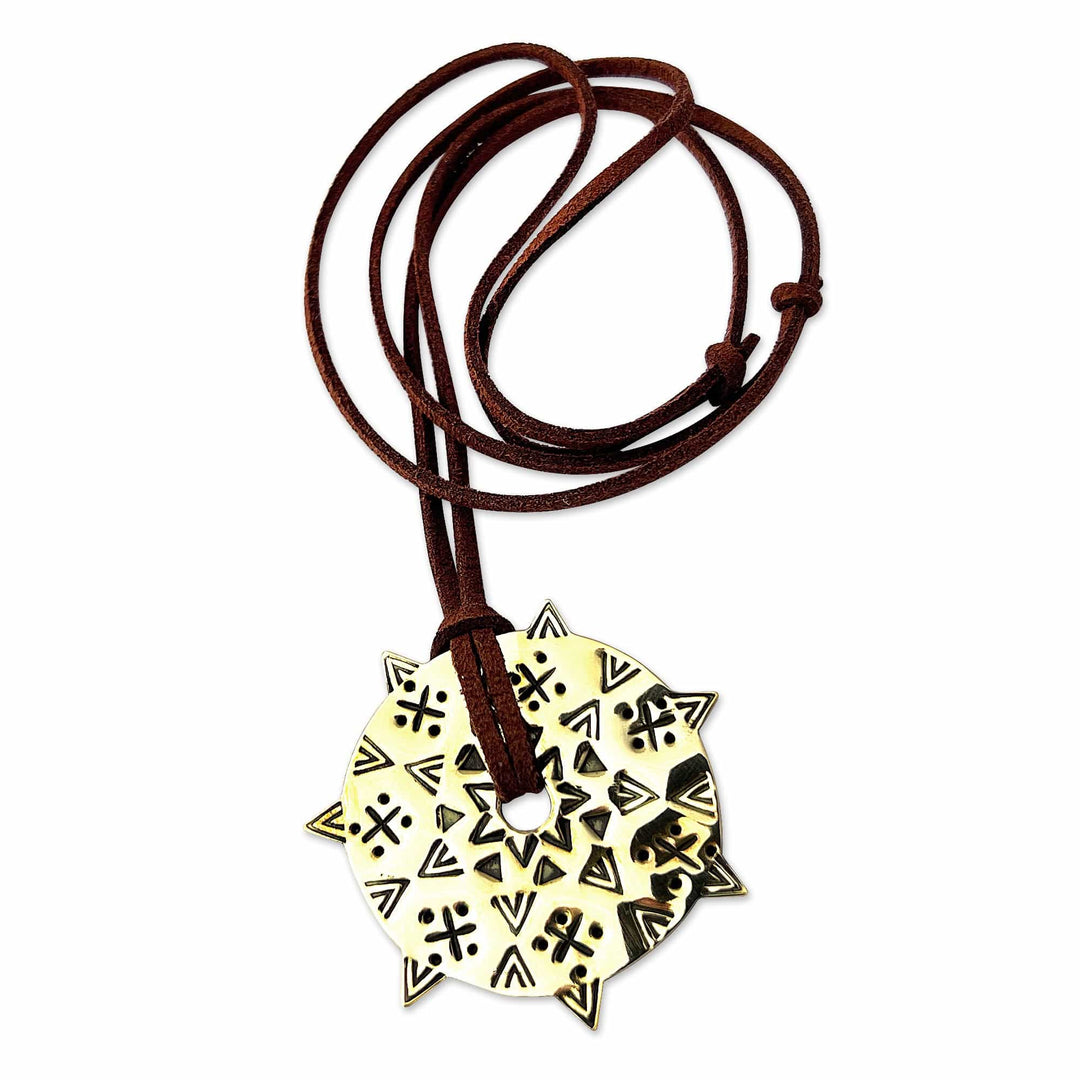 Sun-Themed Faux Leather Cord and Brass Pendant Necklace - Solar Armenia