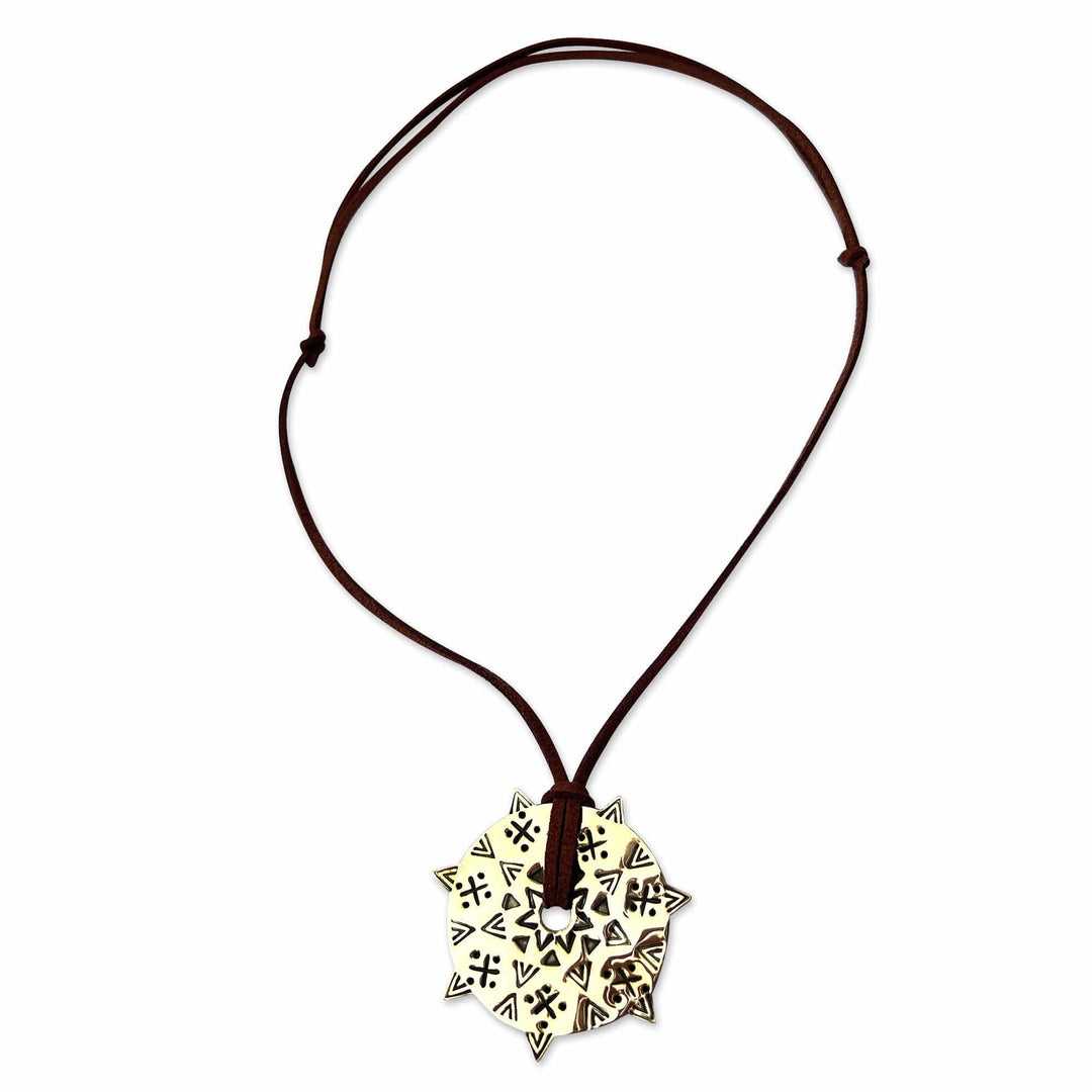 Sun-Themed Faux Leather Cord and Brass Pendant Necklace - Solar Armenia