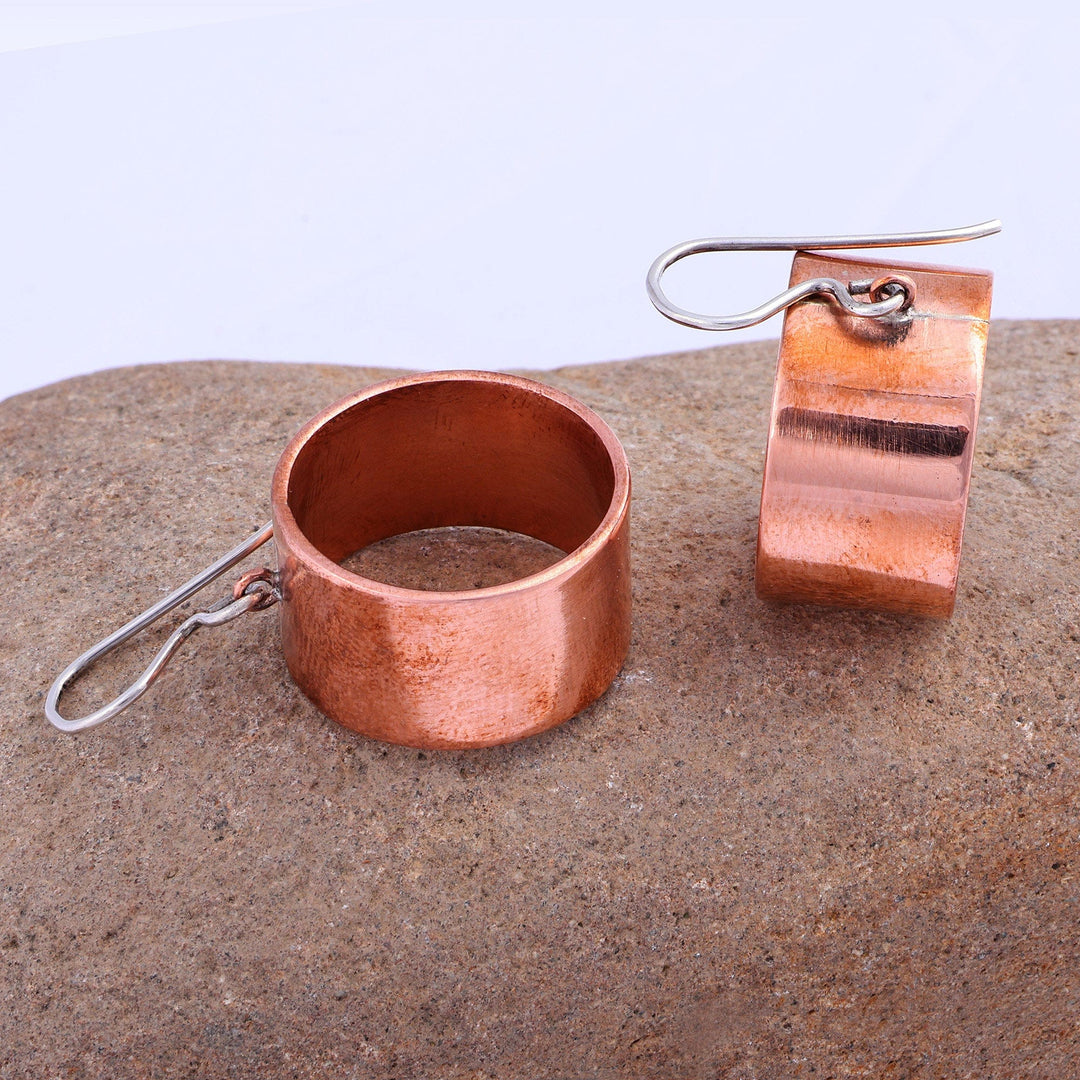 Copper Cylinder Dangle Earrings with Sterling Silver Hooks - Chic Cylinder