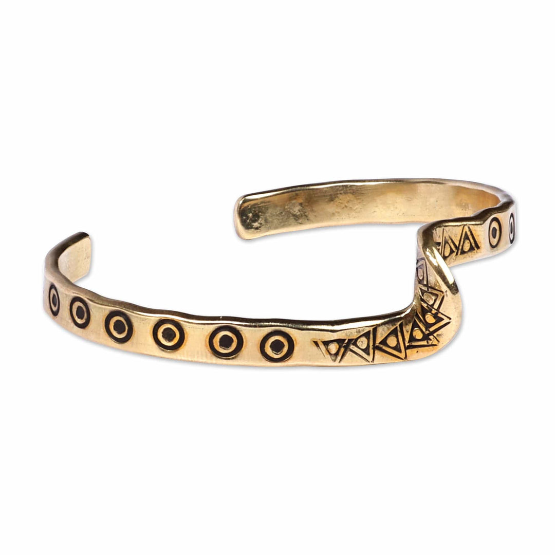 Snake-Inspired Brass Cuff Bracelet with Geometric Motifs - Dawn Snake