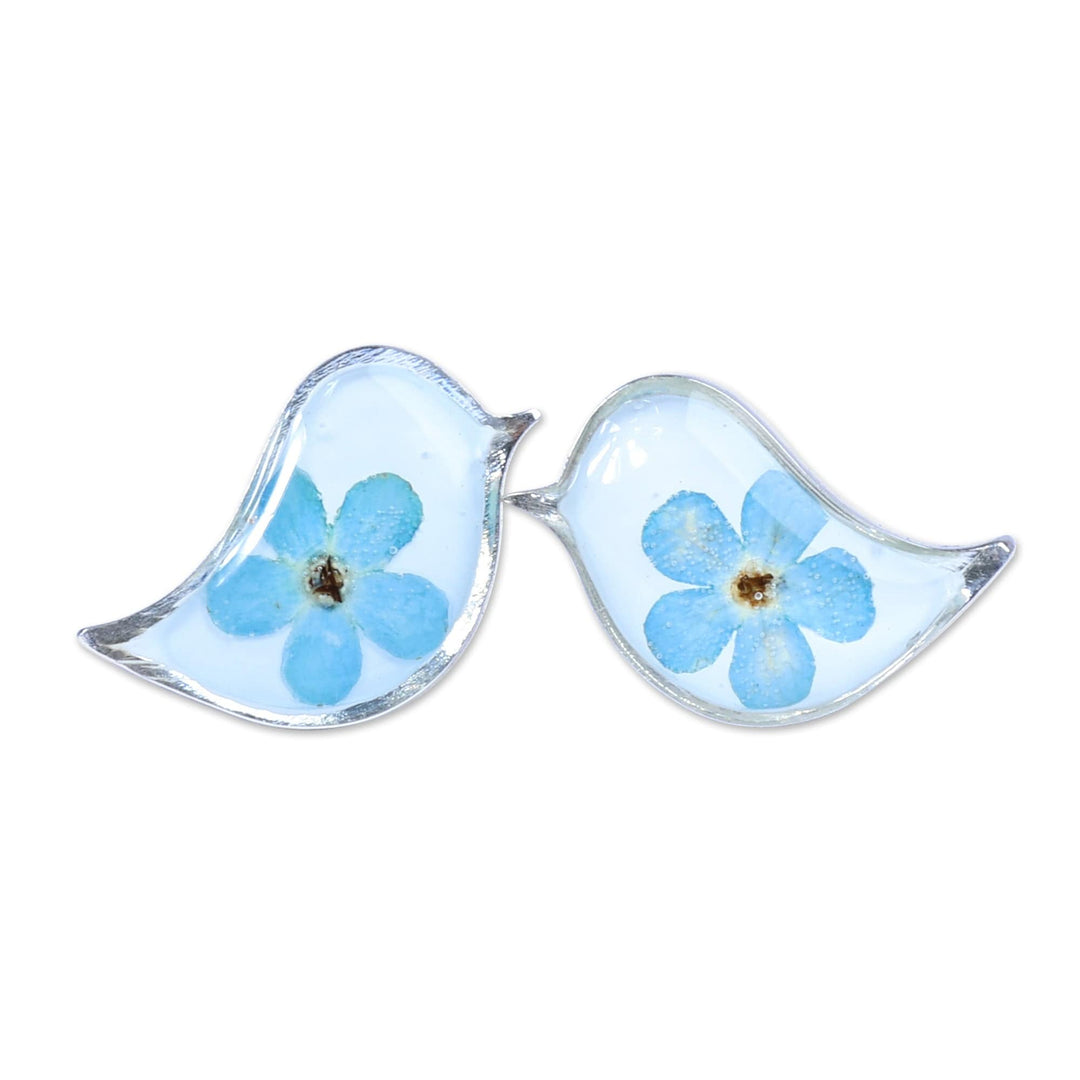 Bird-Shaped Natural Blue Flower Resin Button Earrings - Symphony of Memories