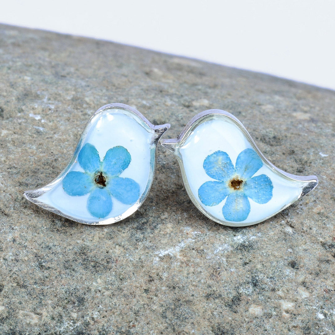 Bird-Shaped Natural Blue Flower Resin Button Earrings - Symphony of Memories