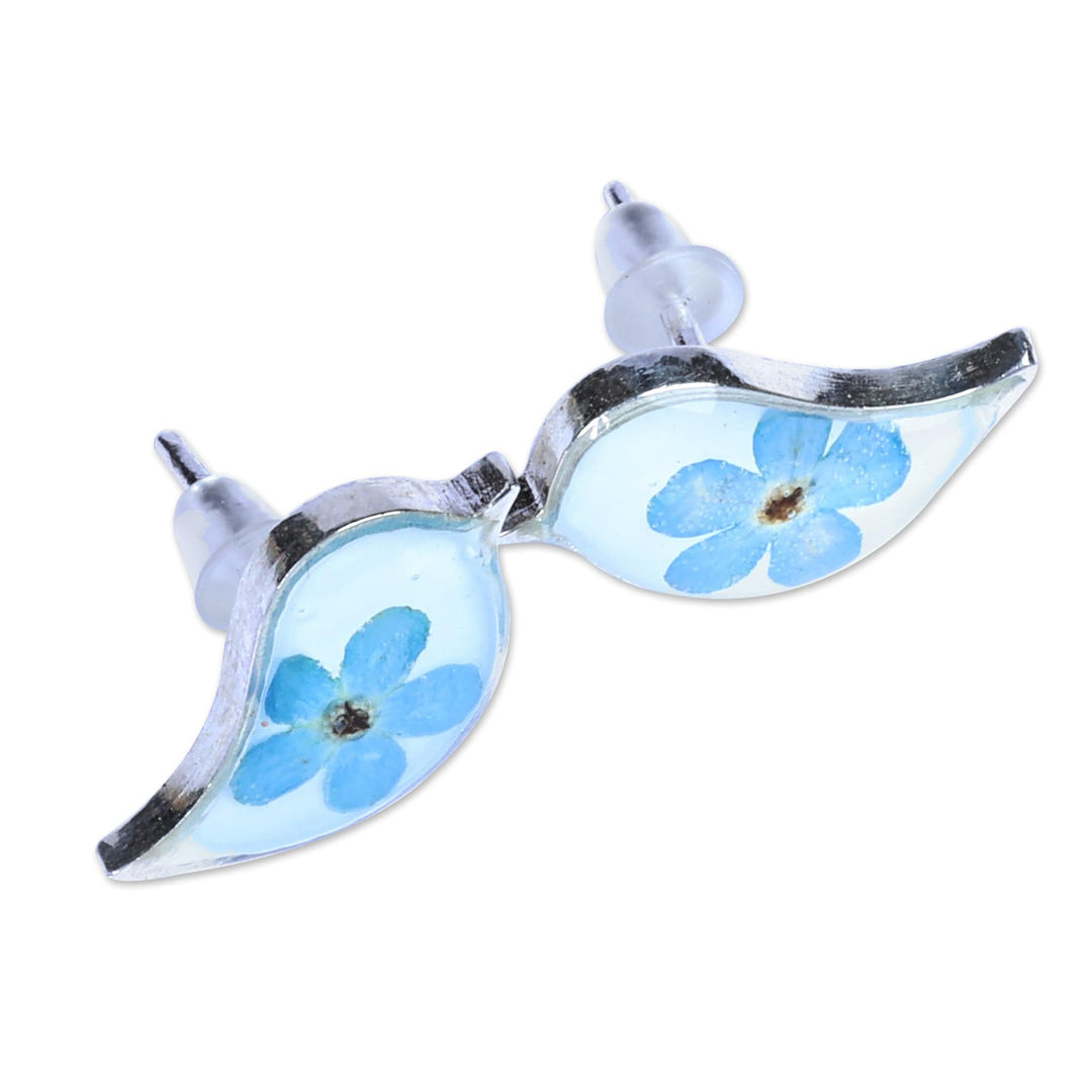 Bird-Shaped Natural Blue Flower Resin Button Earrings - Symphony of Memories