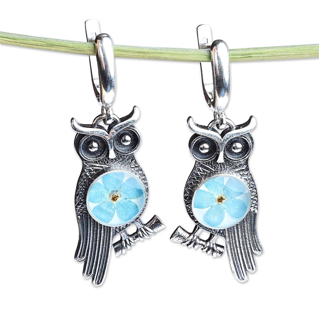 Owl-Themed Natural Flower Sterling Silver Dangle Earrings - Sage's Memories