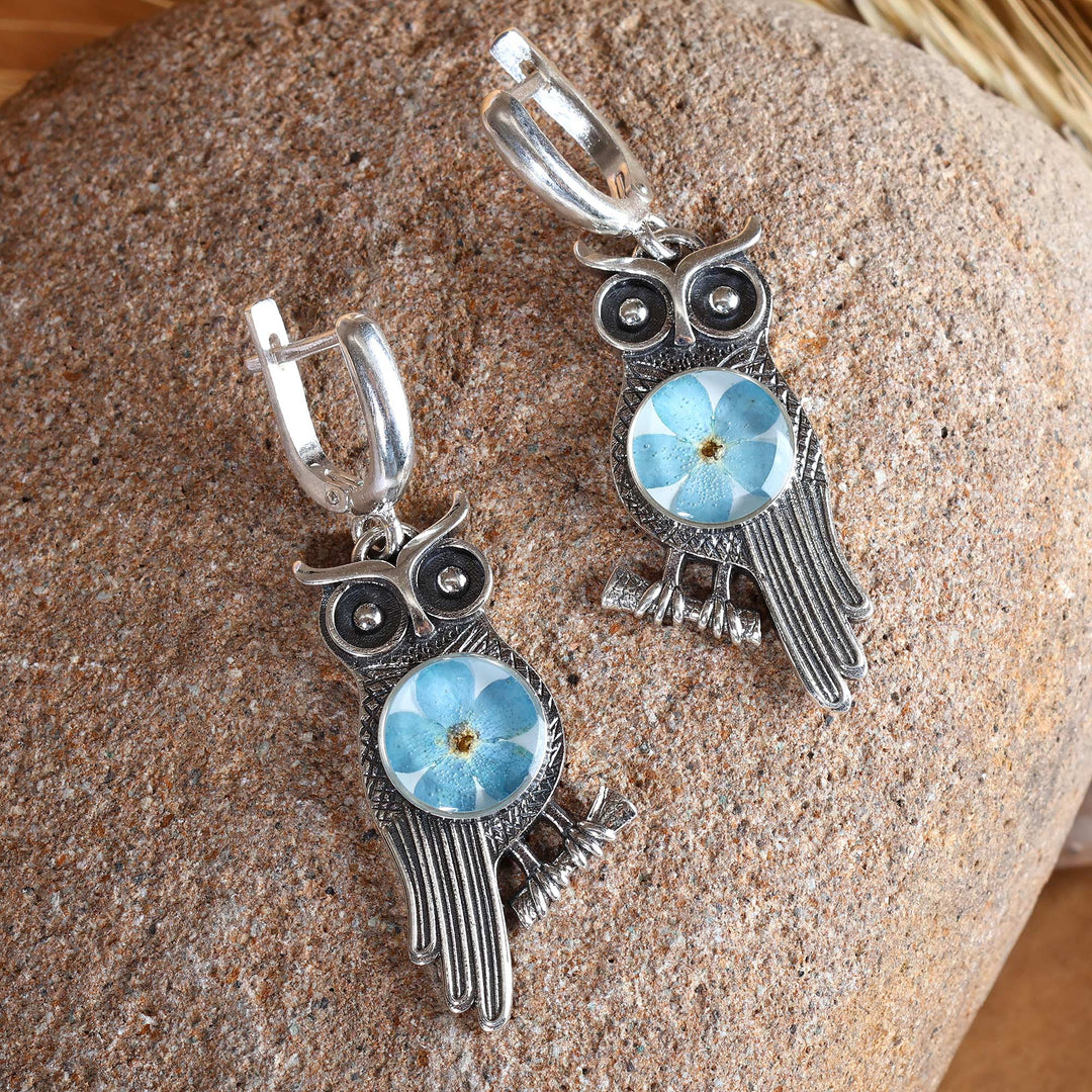 Owl-Themed Natural Flower Sterling Silver Dangle Earrings - Sage's Memories
