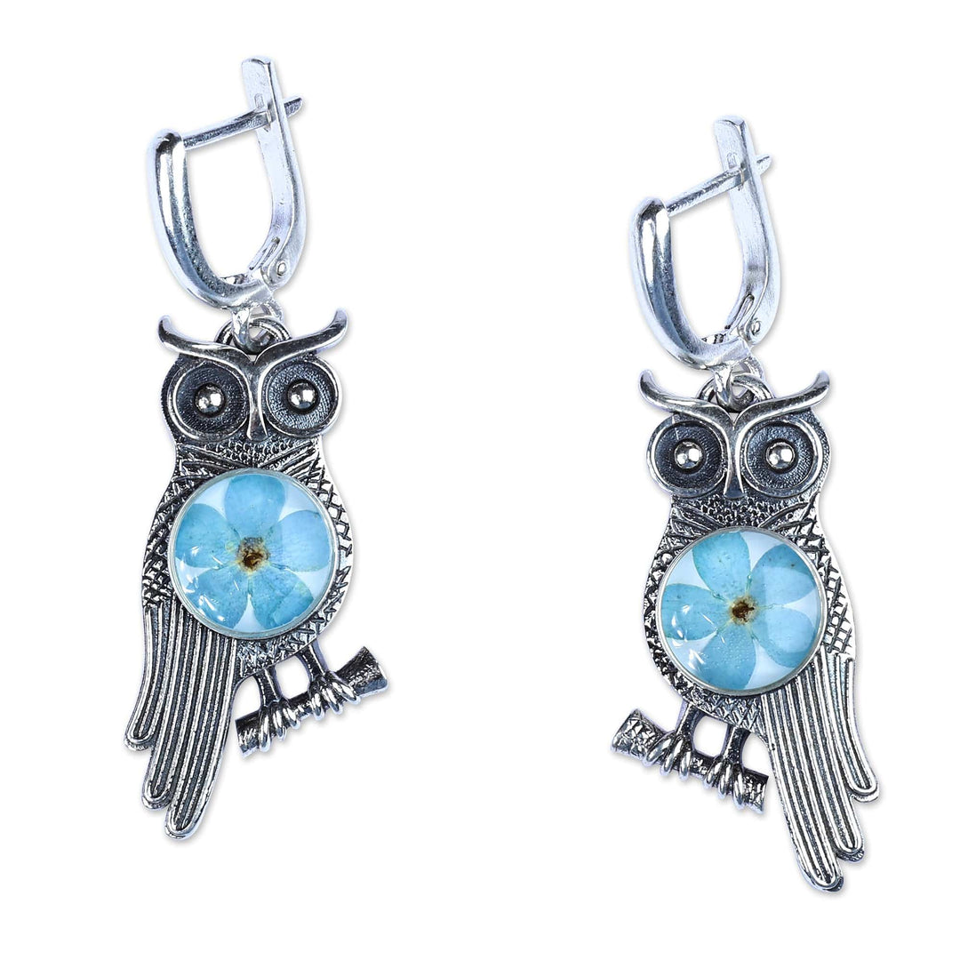 Owl-Themed Natural Flower Sterling Silver Dangle Earrings - Sage's Memories