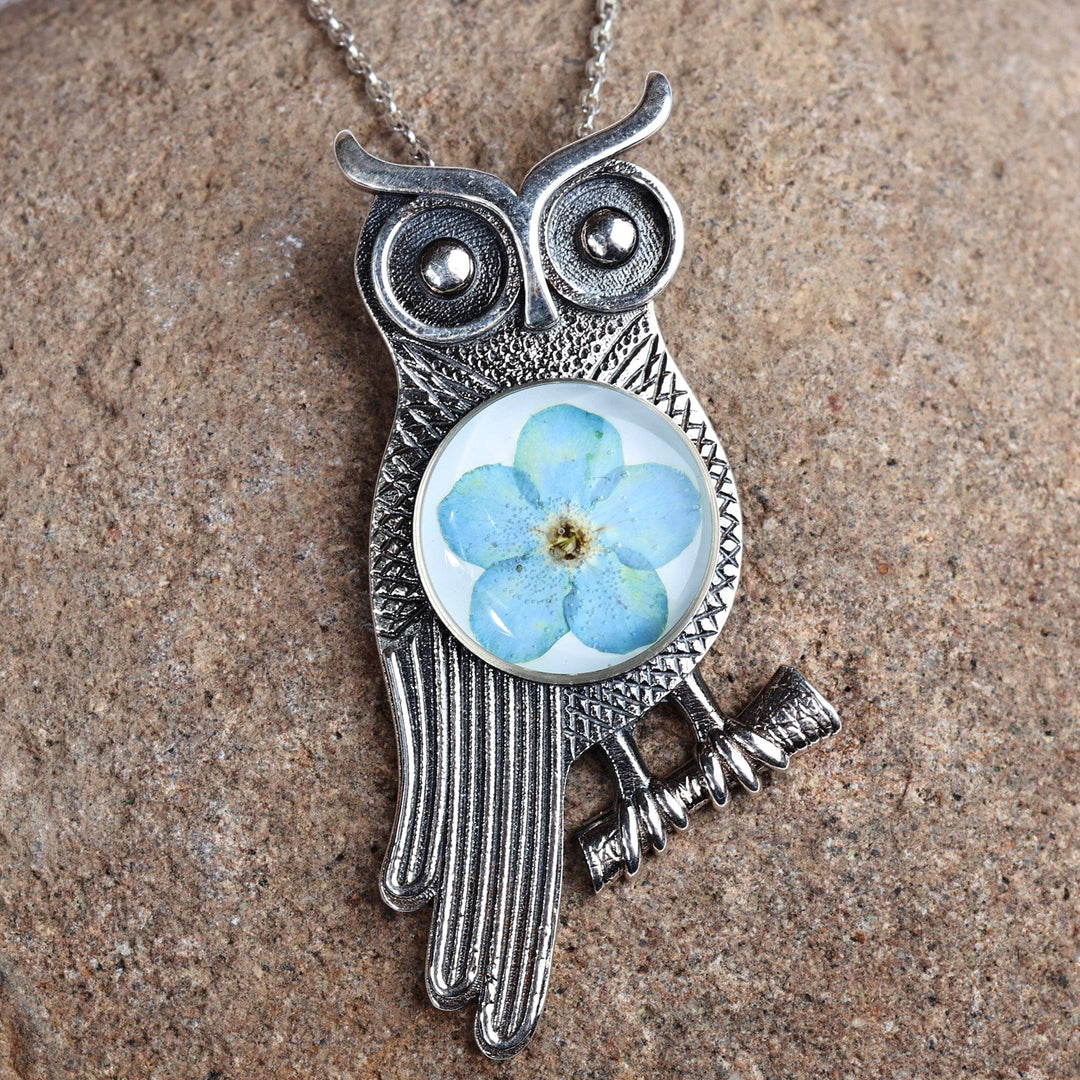Owl-Themed Natural Flower Sterling Silver Pendant Necklace - Sage's Memories