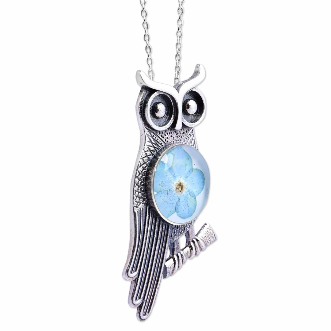Owl-Themed Natural Flower Sterling Silver Pendant Necklace - Sage's Memories
