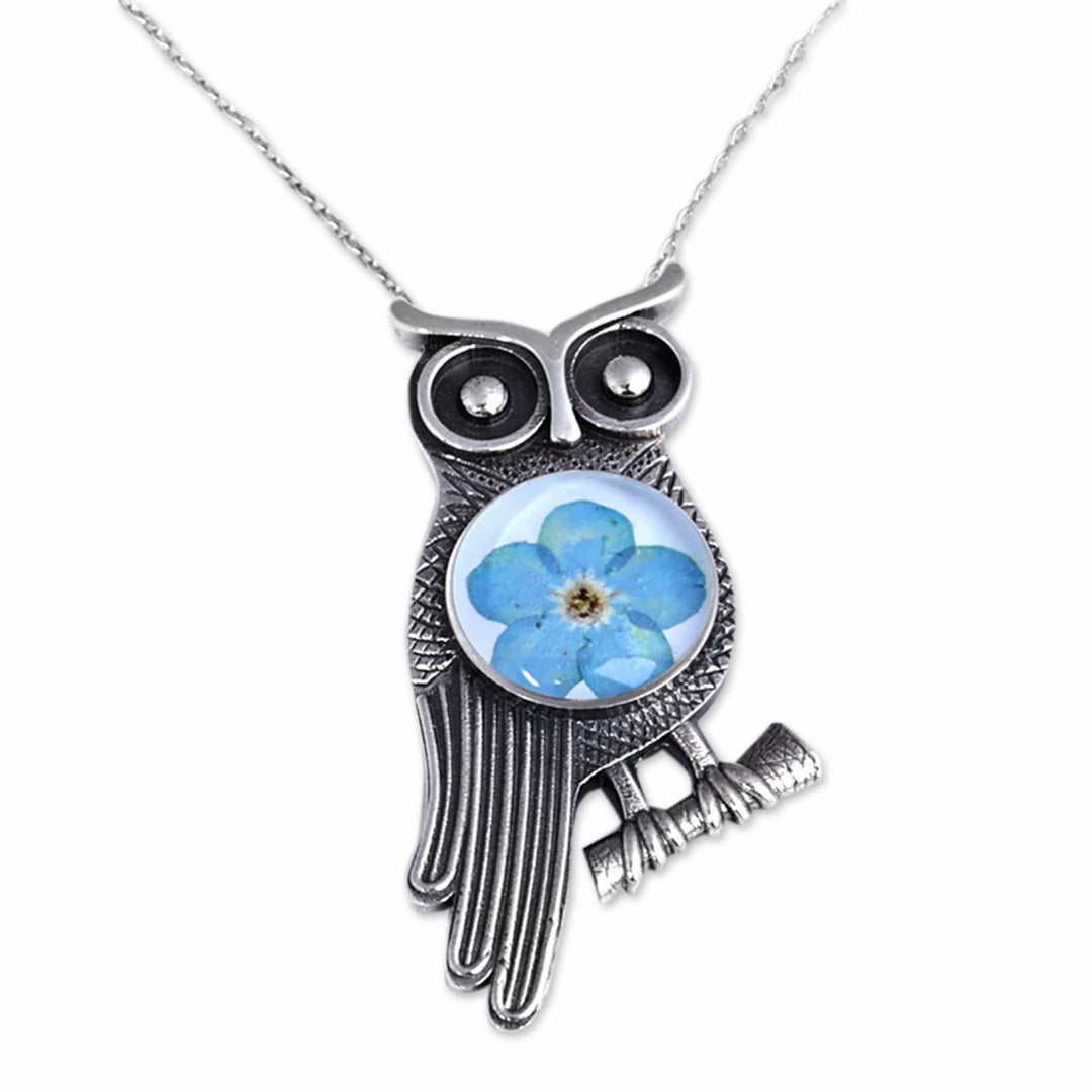 Owl-Themed Natural Flower Sterling Silver Pendant Necklace - Sage's Memories