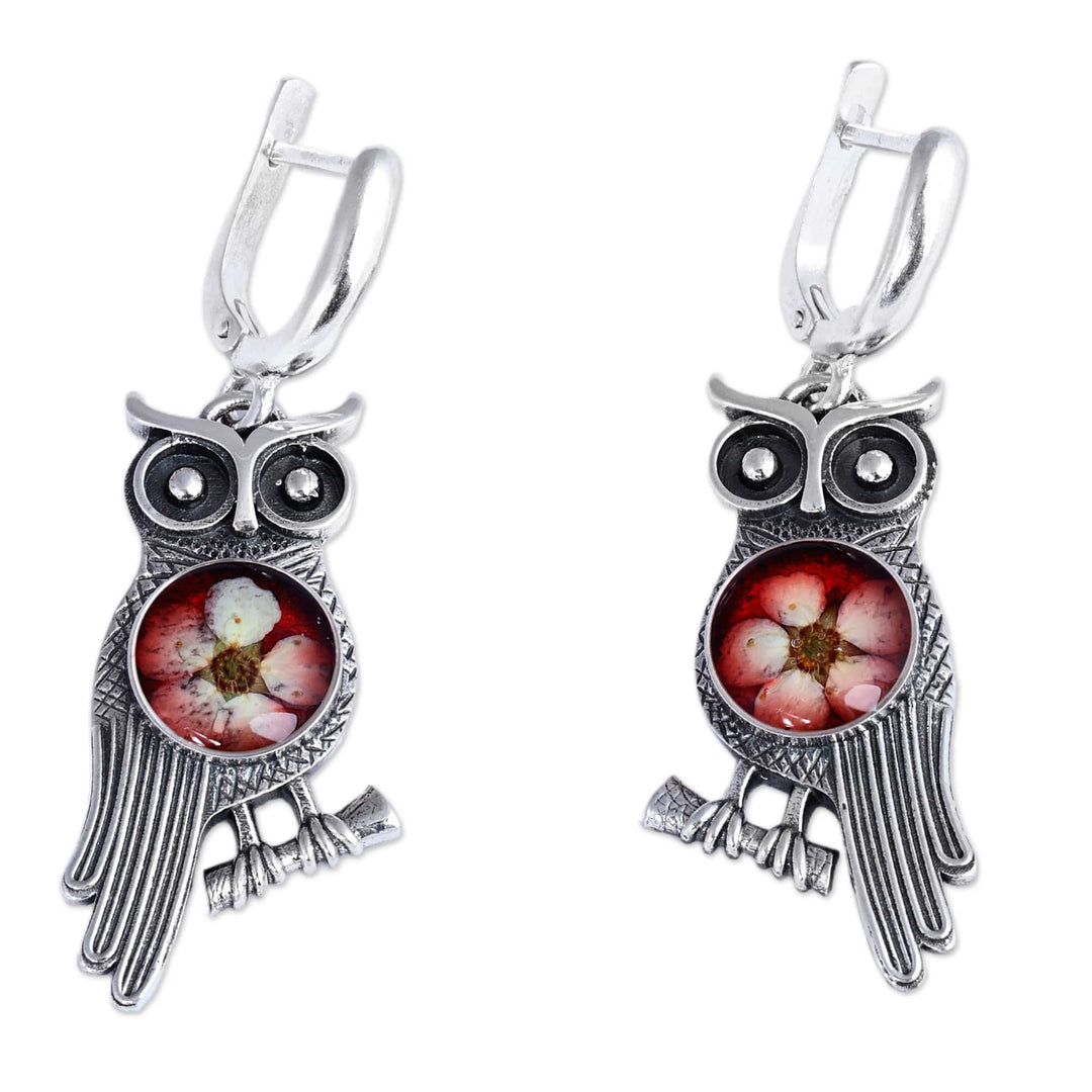 Owl-Themed Red Flower Sterling Silver Dangle Earrings - Sage's Romance