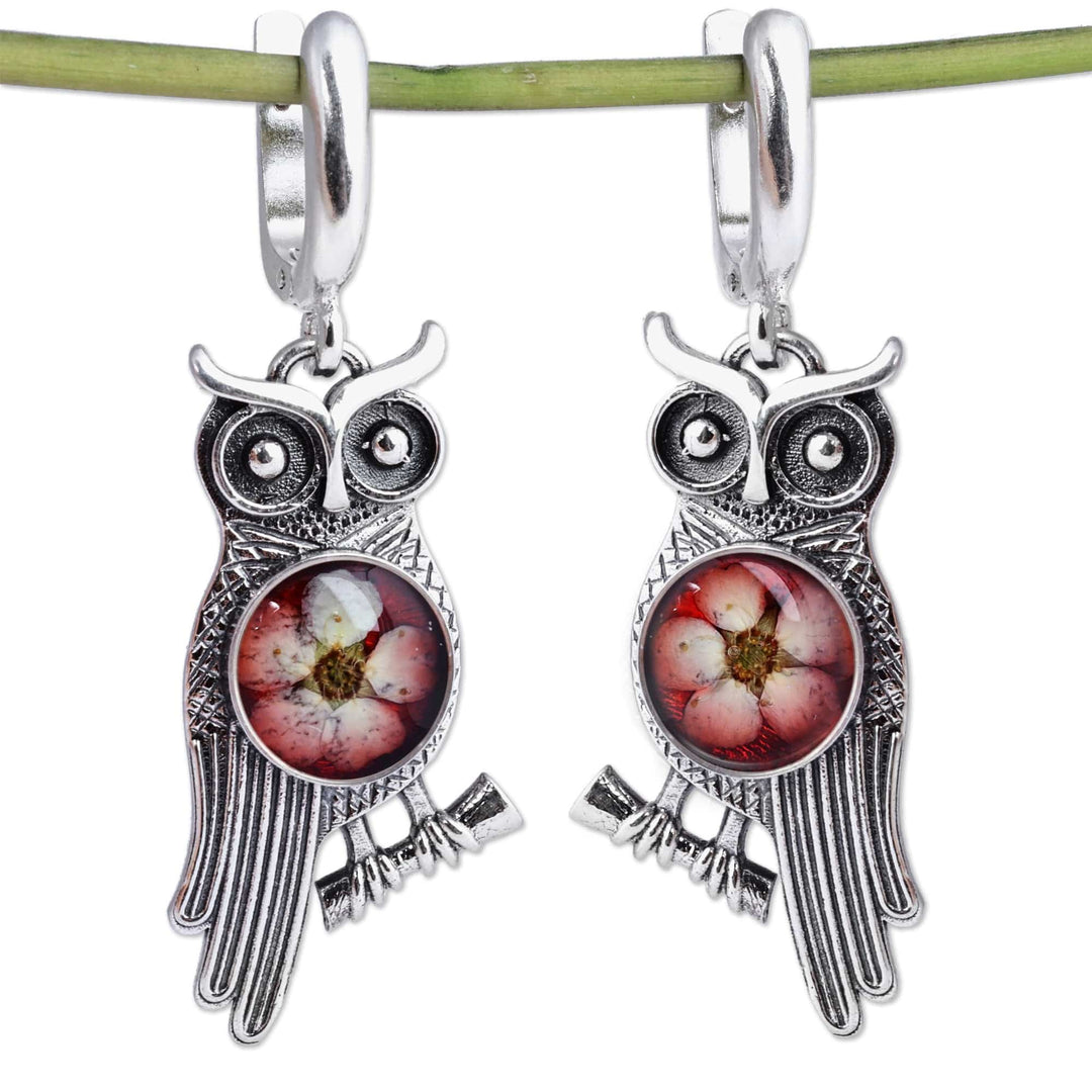 Owl-Themed Red Flower Sterling Silver Dangle Earrings - Sage's Romance