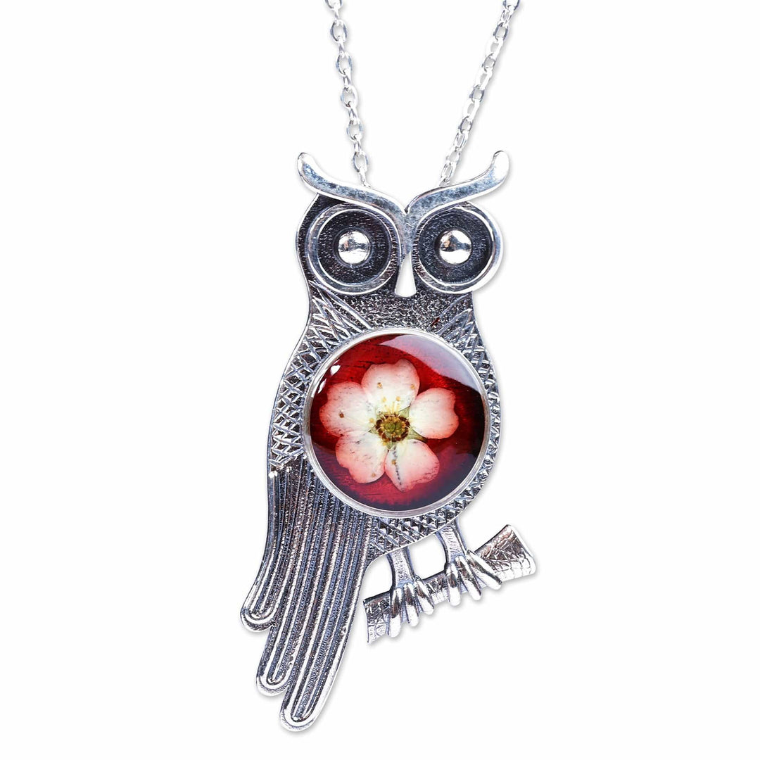 Owl-Themed Red Flower Sterling Silver Pendant Necklace - Sage's Romance