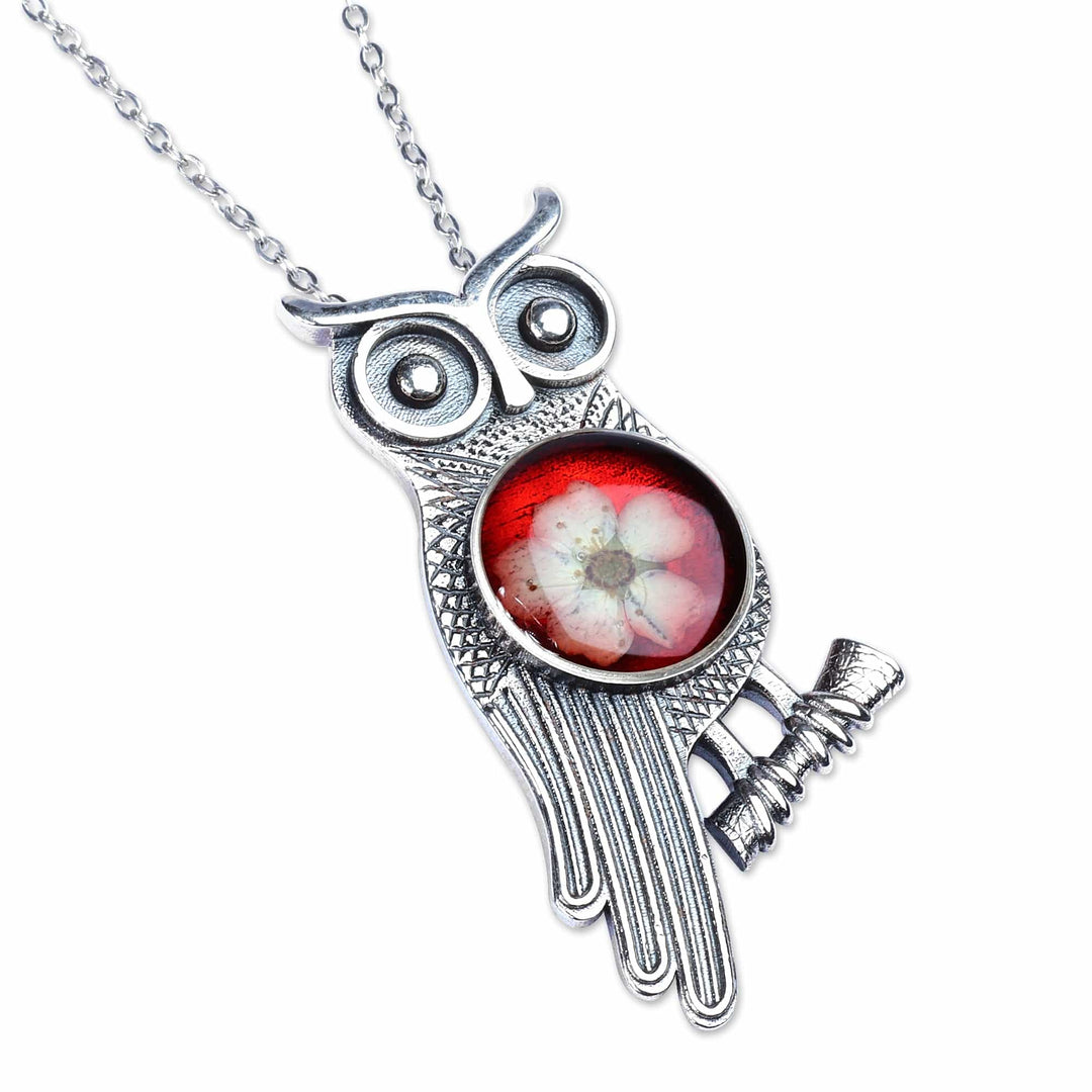 Owl-Themed Red Flower Sterling Silver Pendant Necklace - Sage's Romance