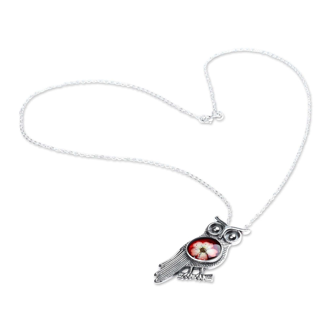 Owl-Themed Red Flower Sterling Silver Pendant Necklace - Sage's Romance