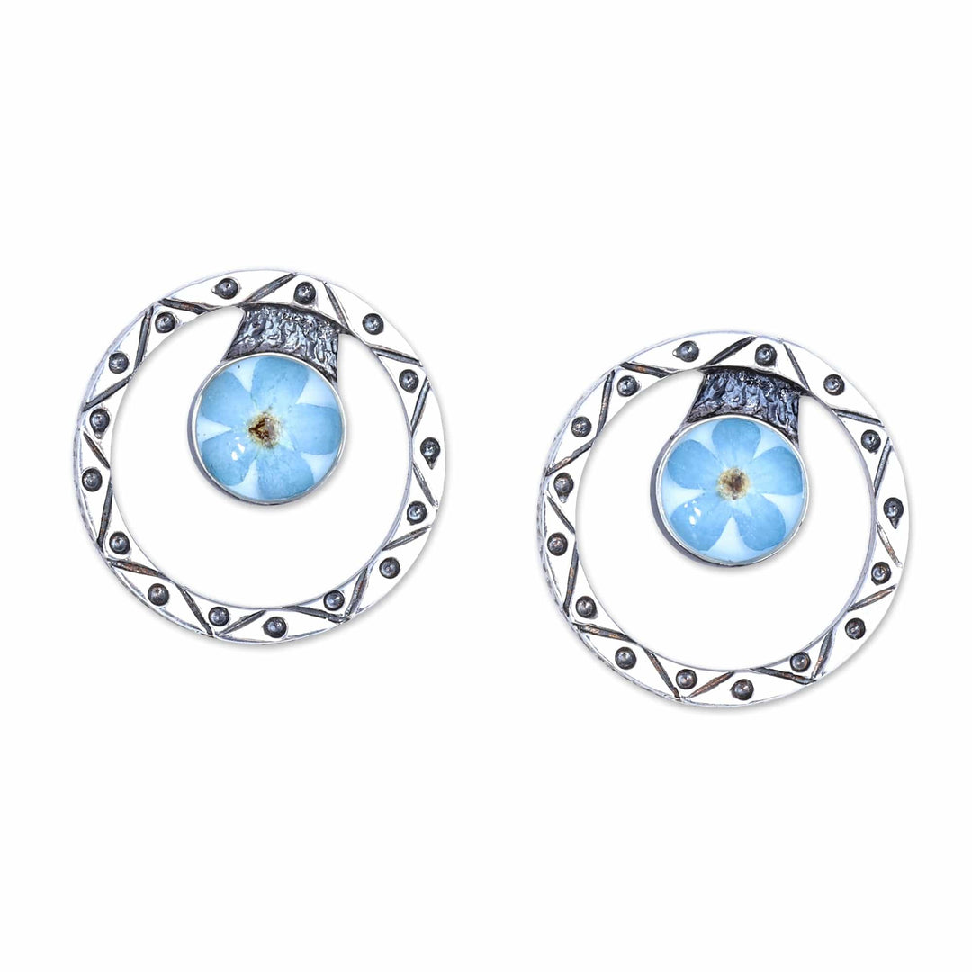 Traditional Round Natural Flower Button Earrings in Blue - Altar to Memory