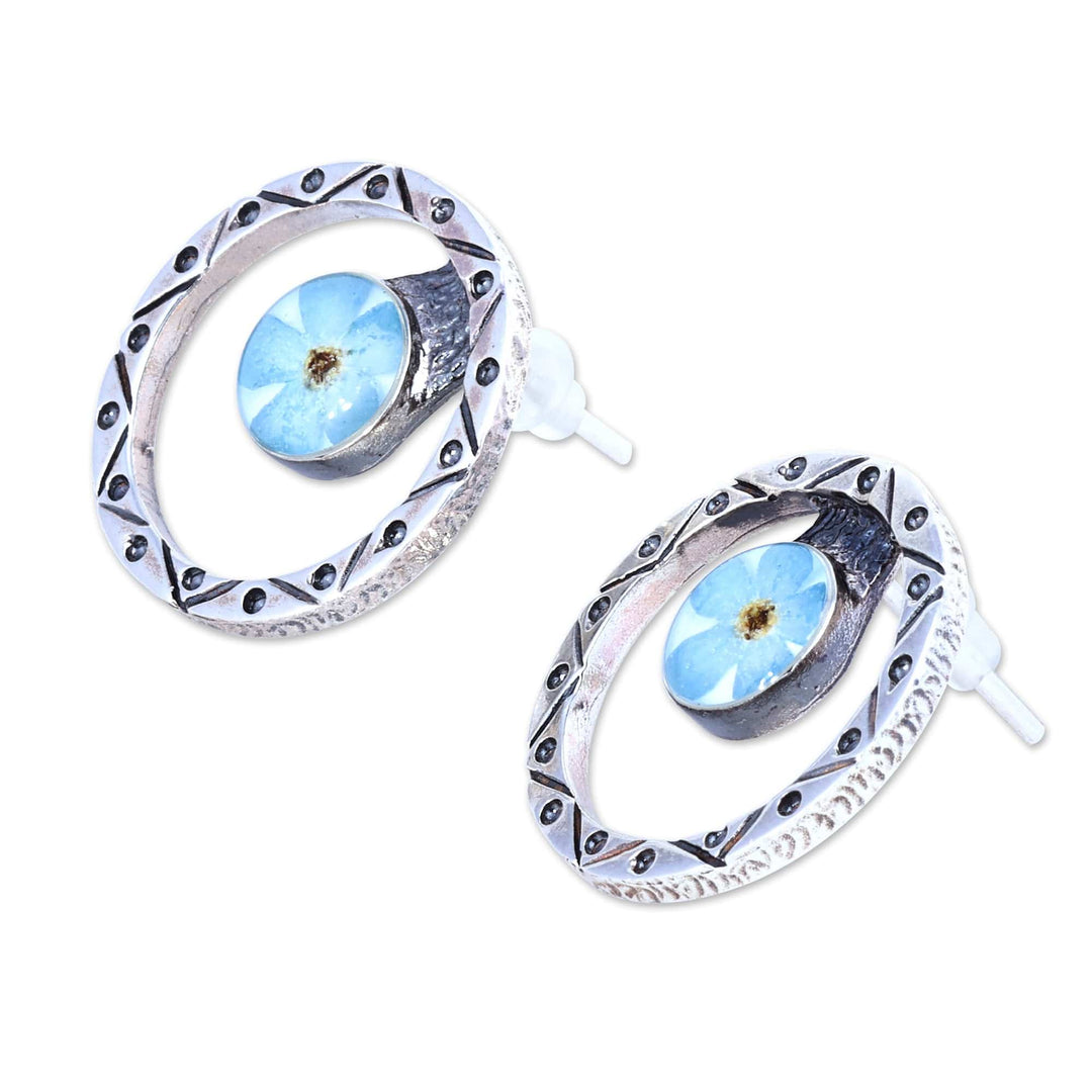 Traditional Round Natural Flower Button Earrings in Blue - Altar to Memory