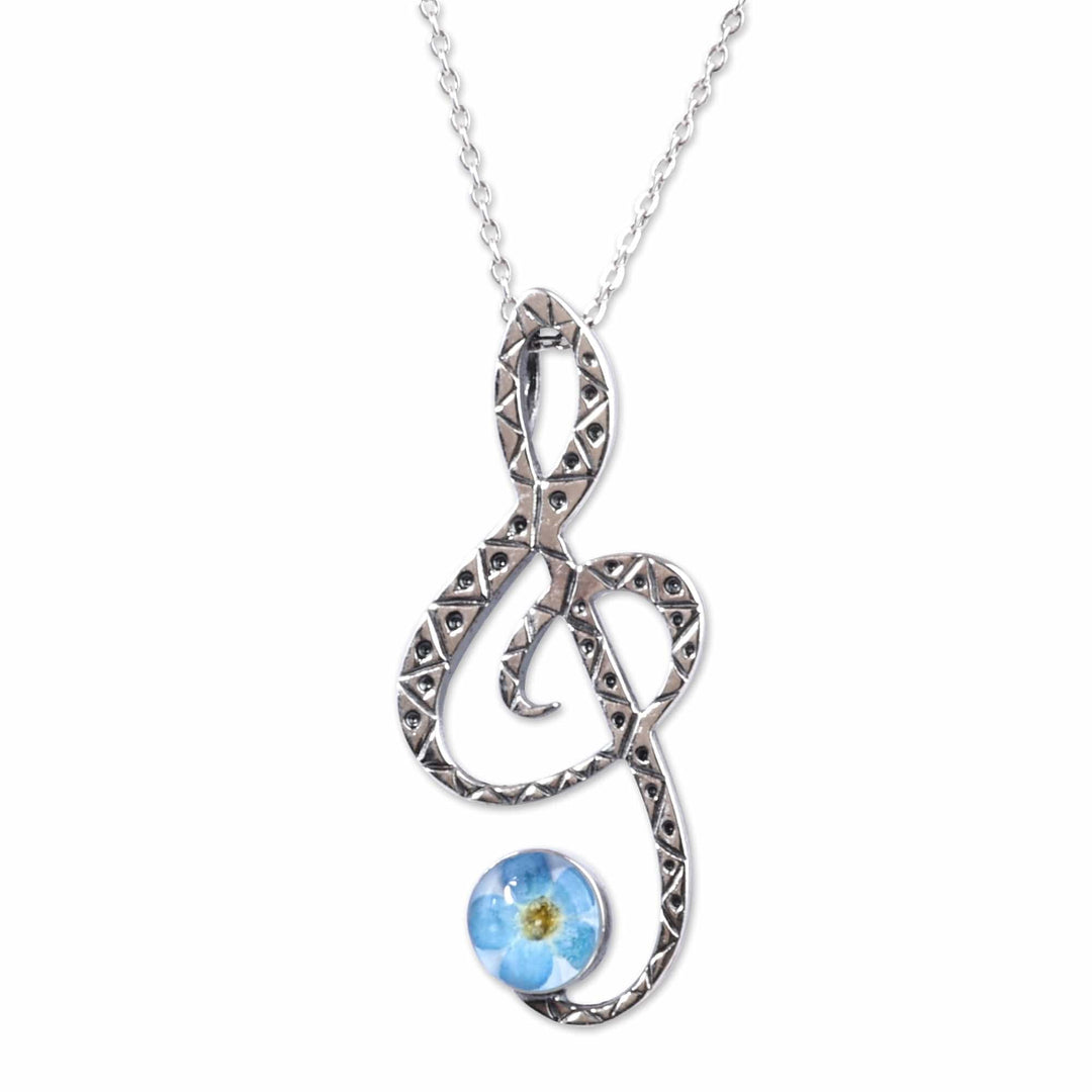 Treble Clef-Shaped Blue Natural Flower Pendant Necklace - Music & Memories