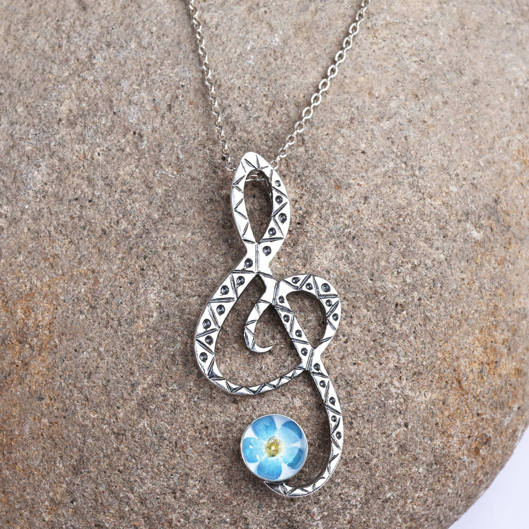 Treble Clef-Shaped Blue Natural Flower Pendant Necklace - Music & Memories