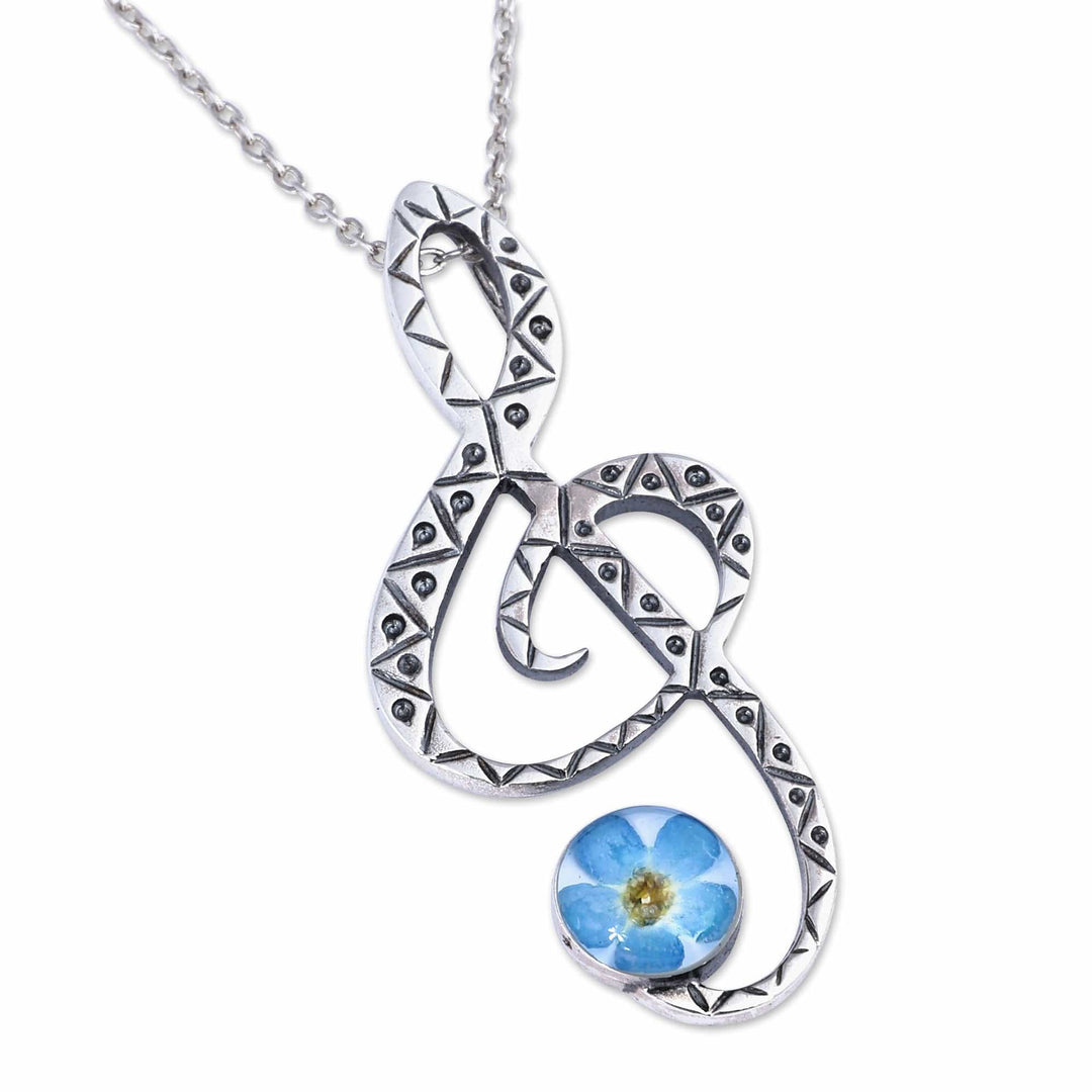 Treble Clef-Shaped Blue Natural Flower Pendant Necklace - Music & Memories
