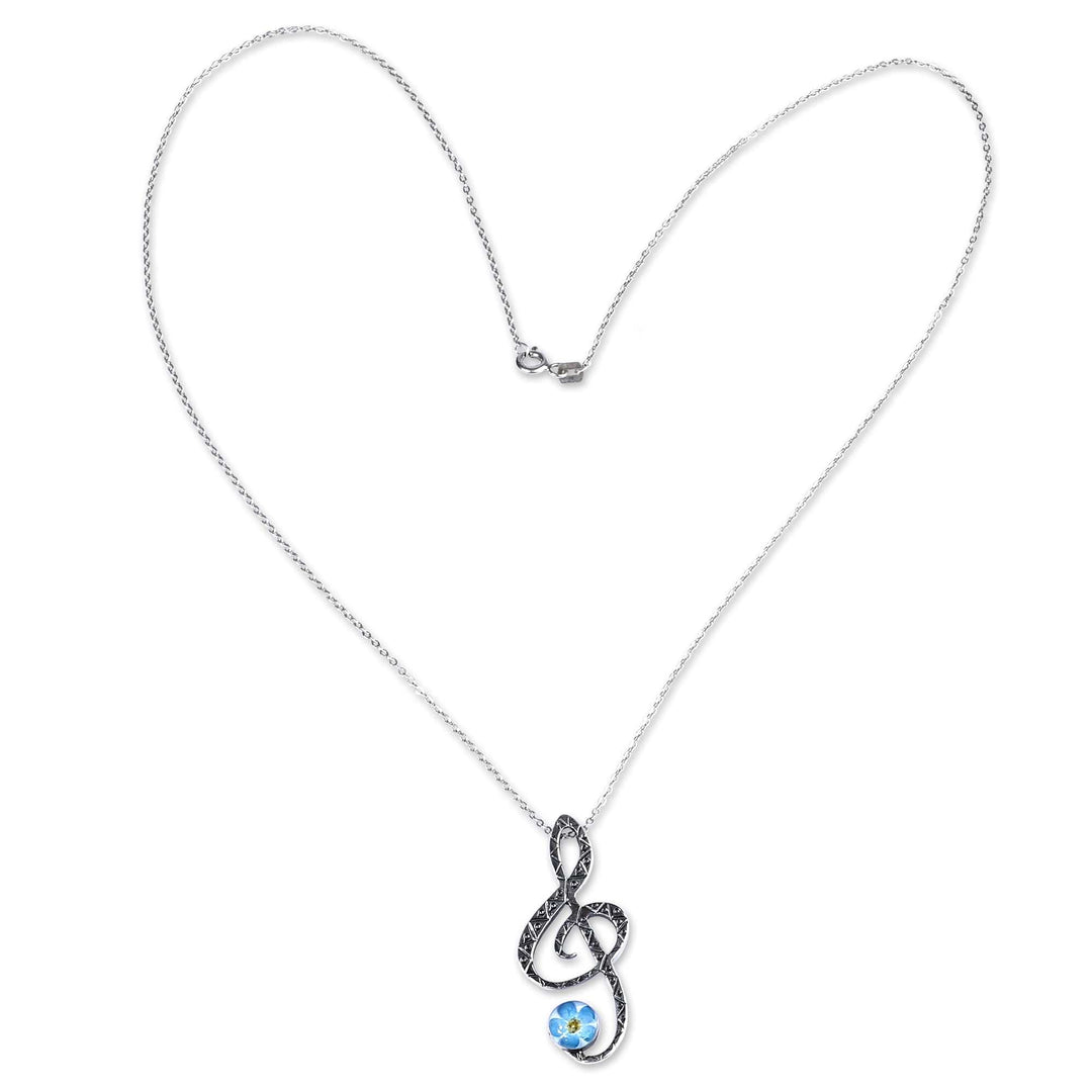 Treble Clef-Shaped Blue Natural Flower Pendant Necklace - Music & Memories
