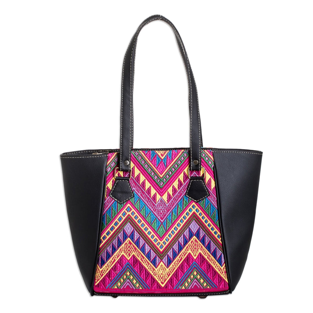 Tote Bag with Hand-Woven Chevron-Patterned Cotton Panels - Colorful Elegance