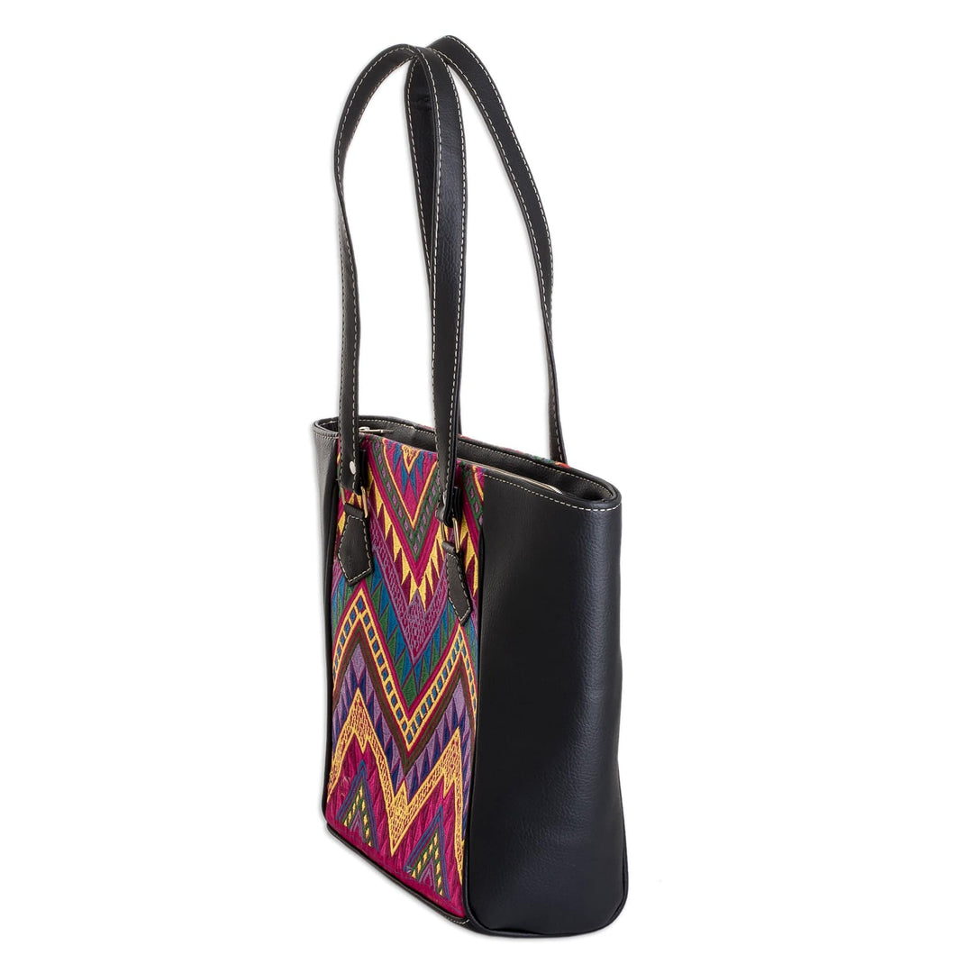 Tote Bag with Hand-Woven Chevron-Patterned Cotton Panels - Colorful Elegance