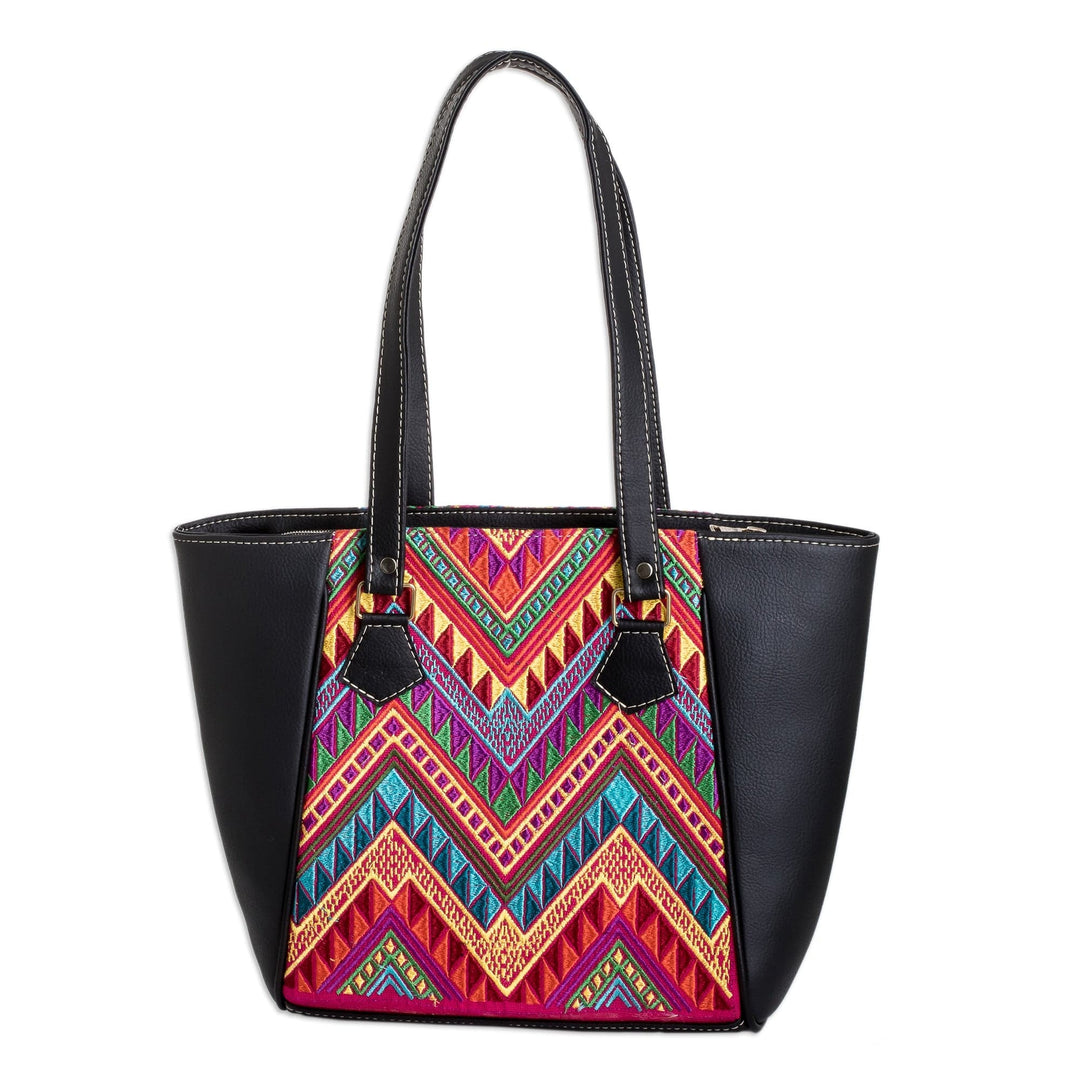 Tote Bag with Hand-Woven Chevron-Patterned Cotton Panels - Colorful Elegance