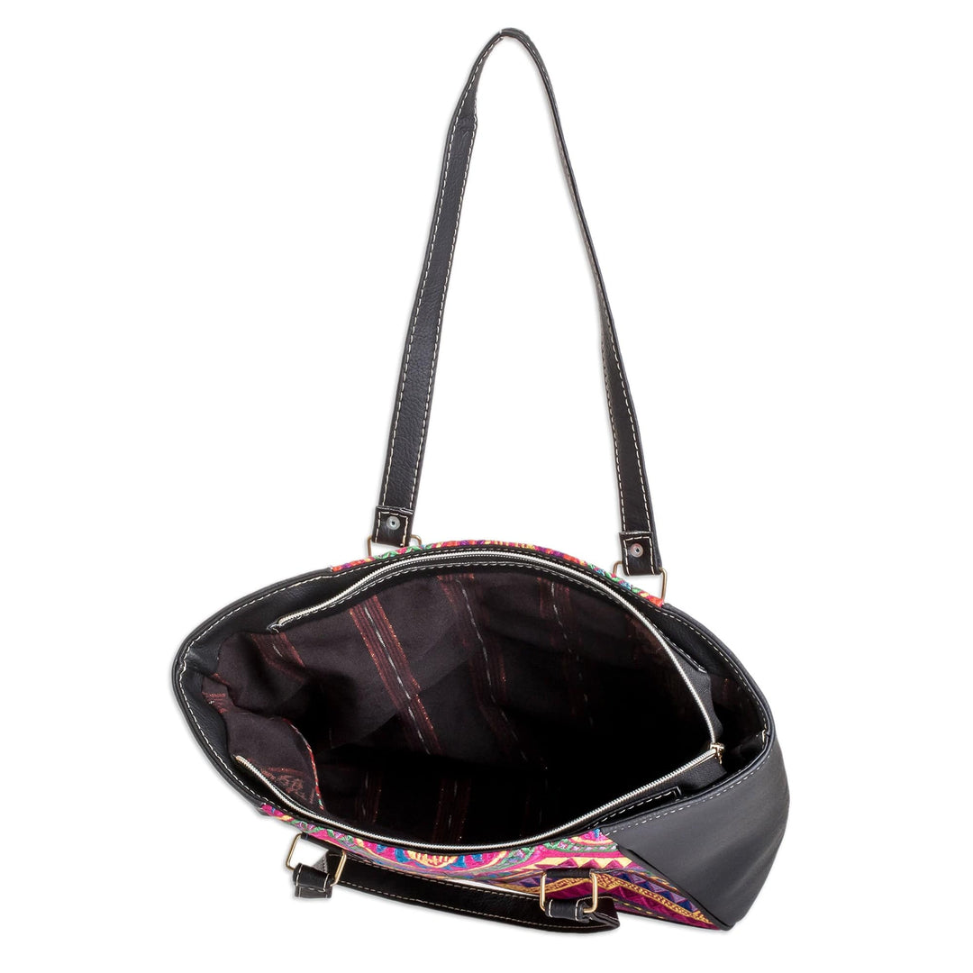 Tote Bag with Hand-Woven Chevron-Patterned Cotton Panels - Colorful Elegance