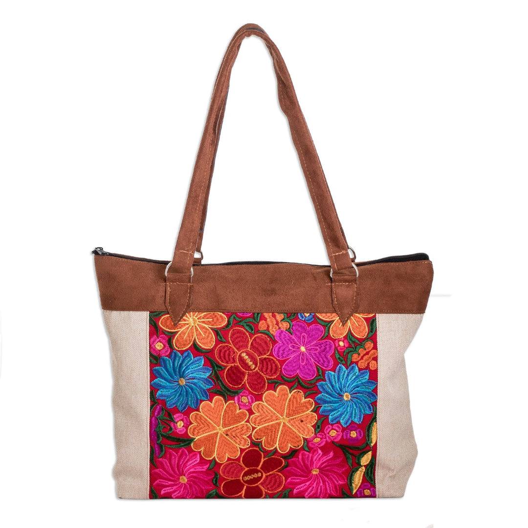 Embroidered Floral Cotton Shoulder Bag in Ivory and Brown - Art & Elegance