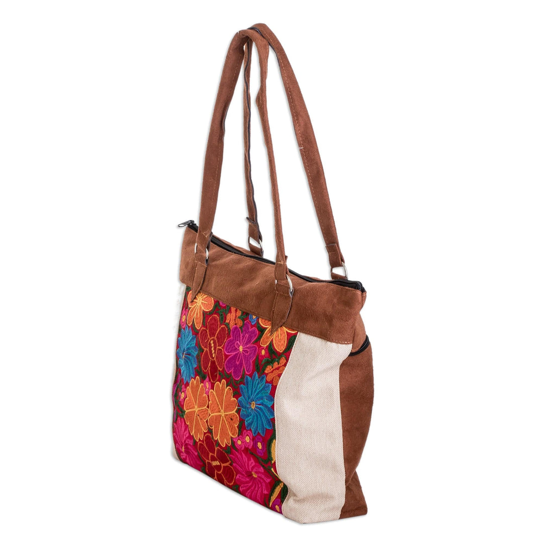Embroidered Floral Cotton Shoulder Bag in Ivory and Brown - Art & Elegance