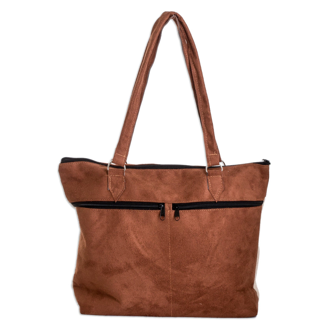 Embroidered Floral Cotton Shoulder Bag in Ivory and Brown - Art & Elegance
