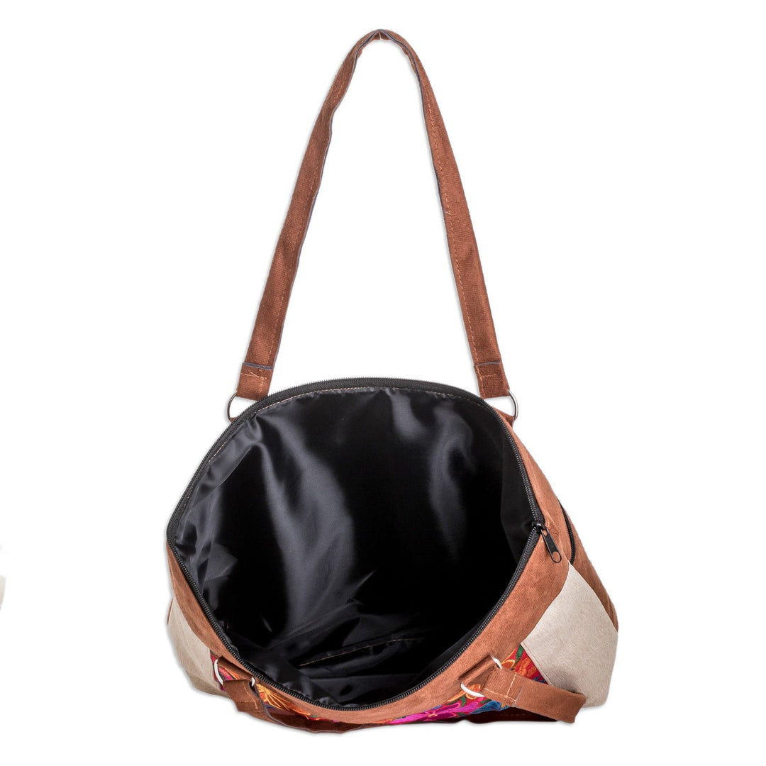 Embroidered Floral Cotton Shoulder Bag in Ivory and Brown - Art & Elegance