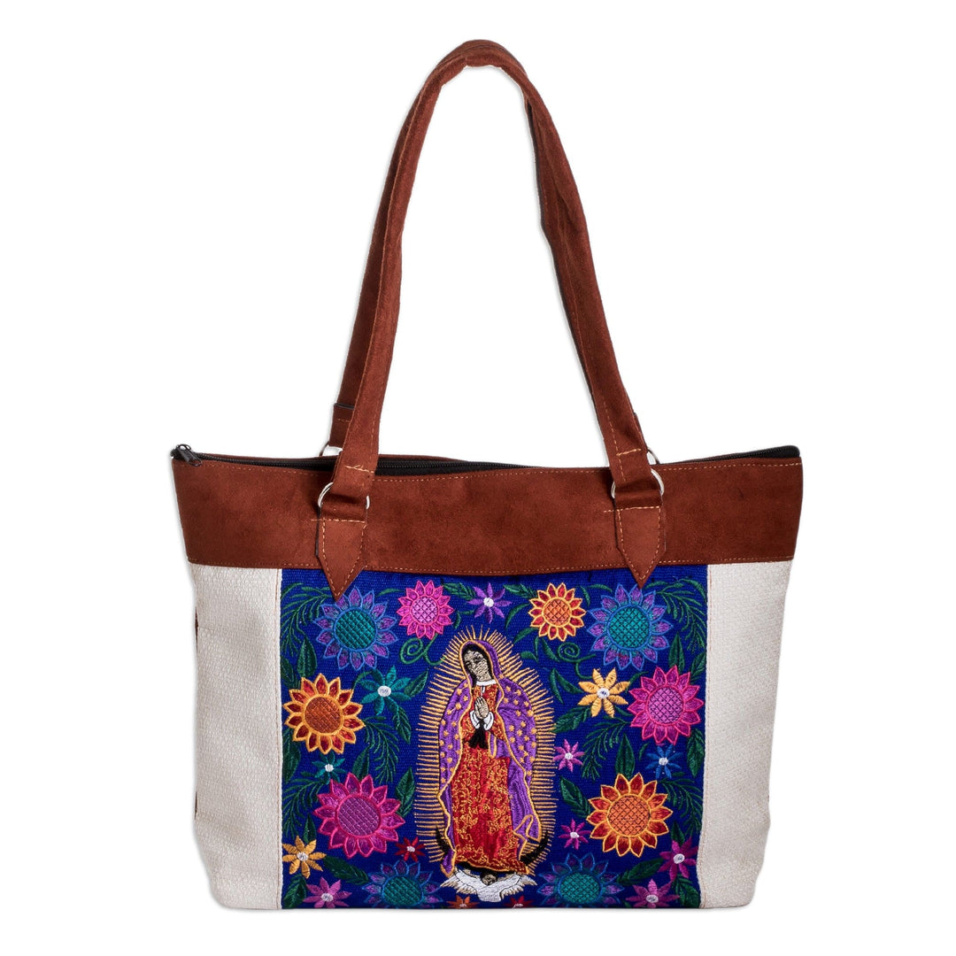 Embroidered Classic Cotton Shoulder Bag in Ivory and Brown - Art & Faith