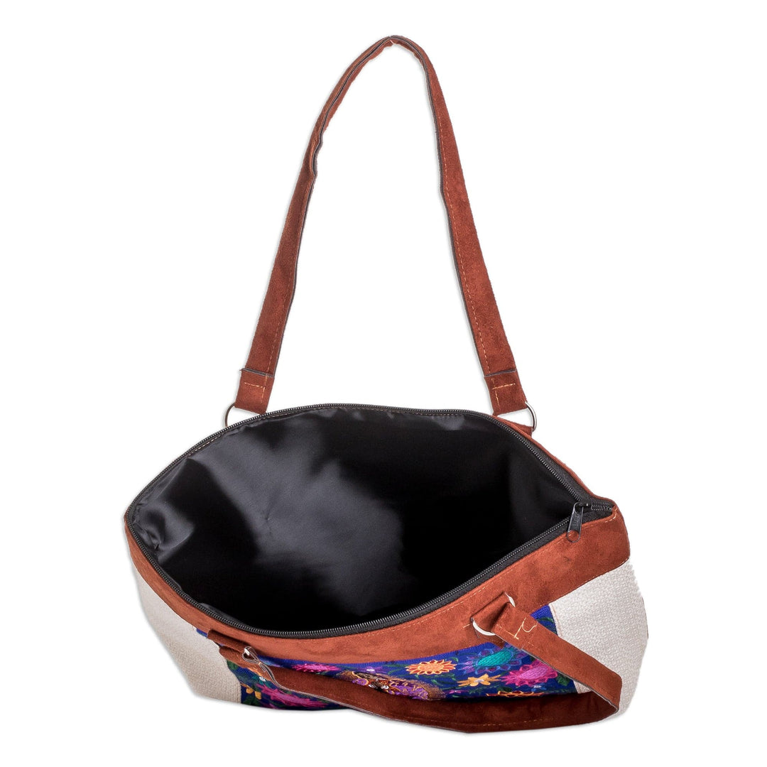 Embroidered Classic Cotton Shoulder Bag in Ivory and Brown - Art & Faith