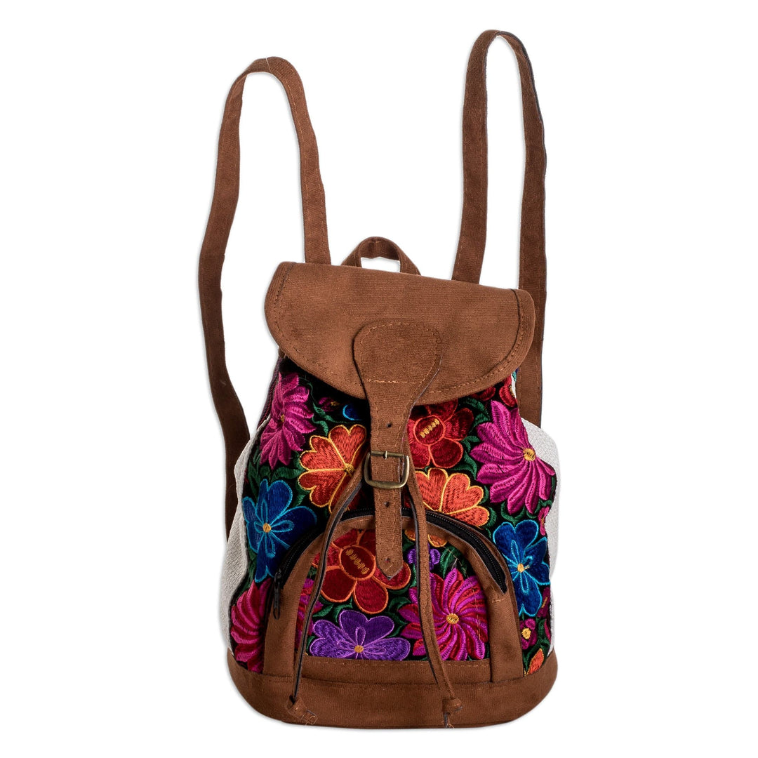 Handmade Floral Embroidered Cotton Backpack from Guatemala - Floral Journey
