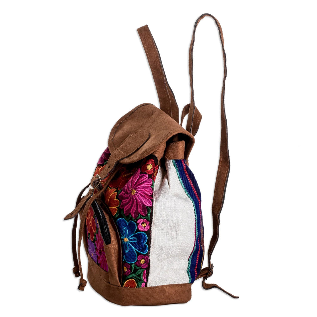 Handmade Floral Embroidered Cotton Backpack from Guatemala - Floral Journey