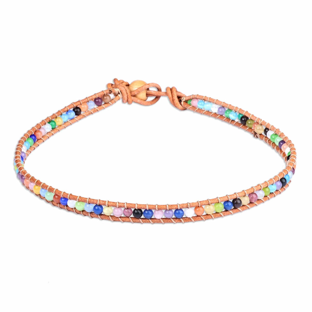 Multicolor Agate Beaded Choker Necklace with Leather Accents - Summery Colors